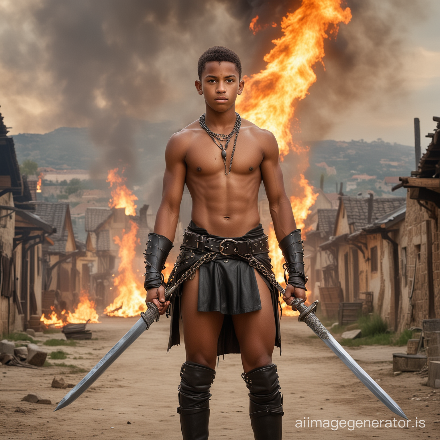 A very young black shirtless muscular teenage boy warrior and wearing a very short loincloth with chains, a big leather belt and boots and carrying a big sword, with a burning medieval village in the background.