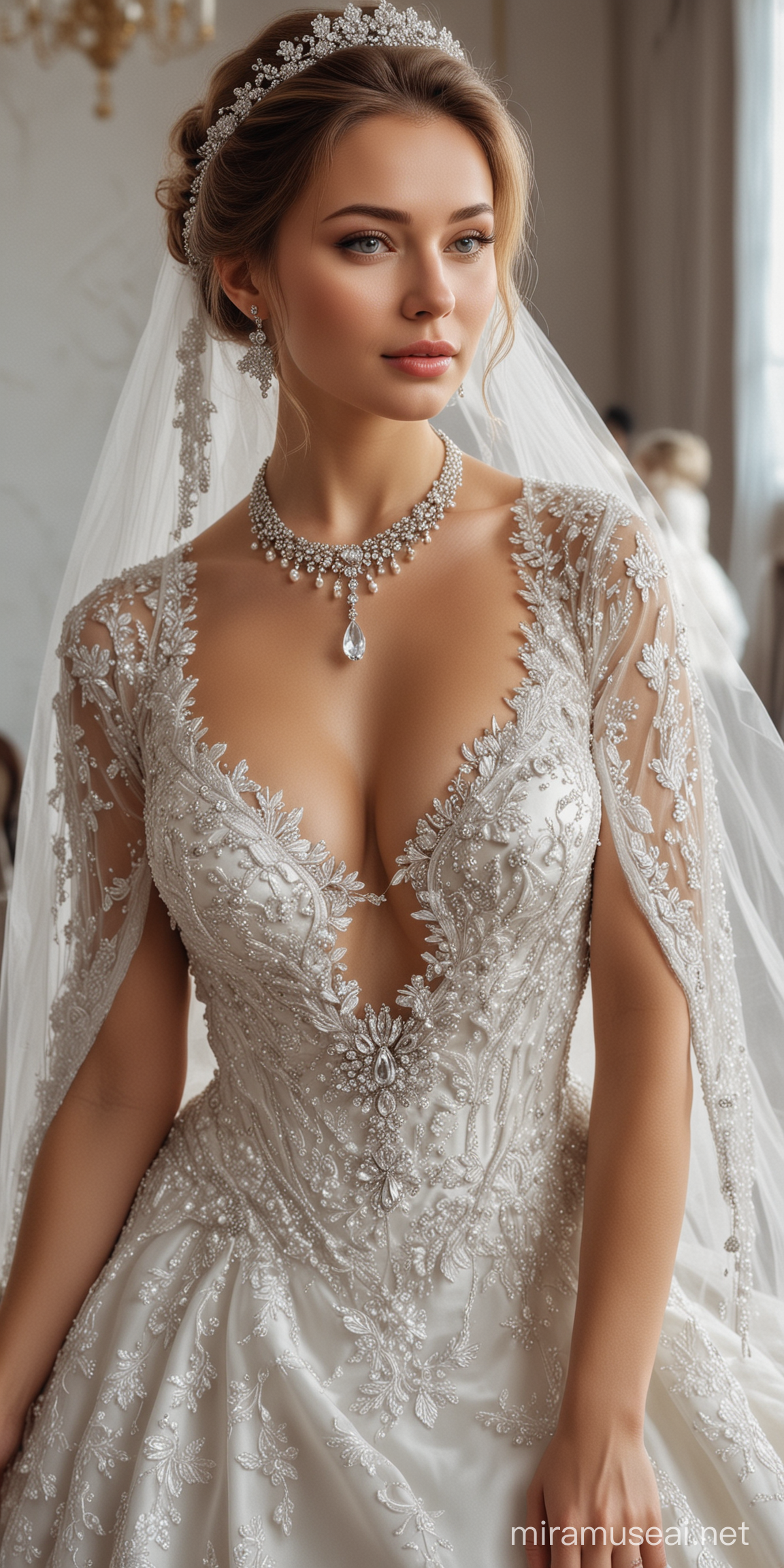 admiring the beauty of this masterpiece, a stunning russian woman with big breast and white wedding dress with jewellery.
