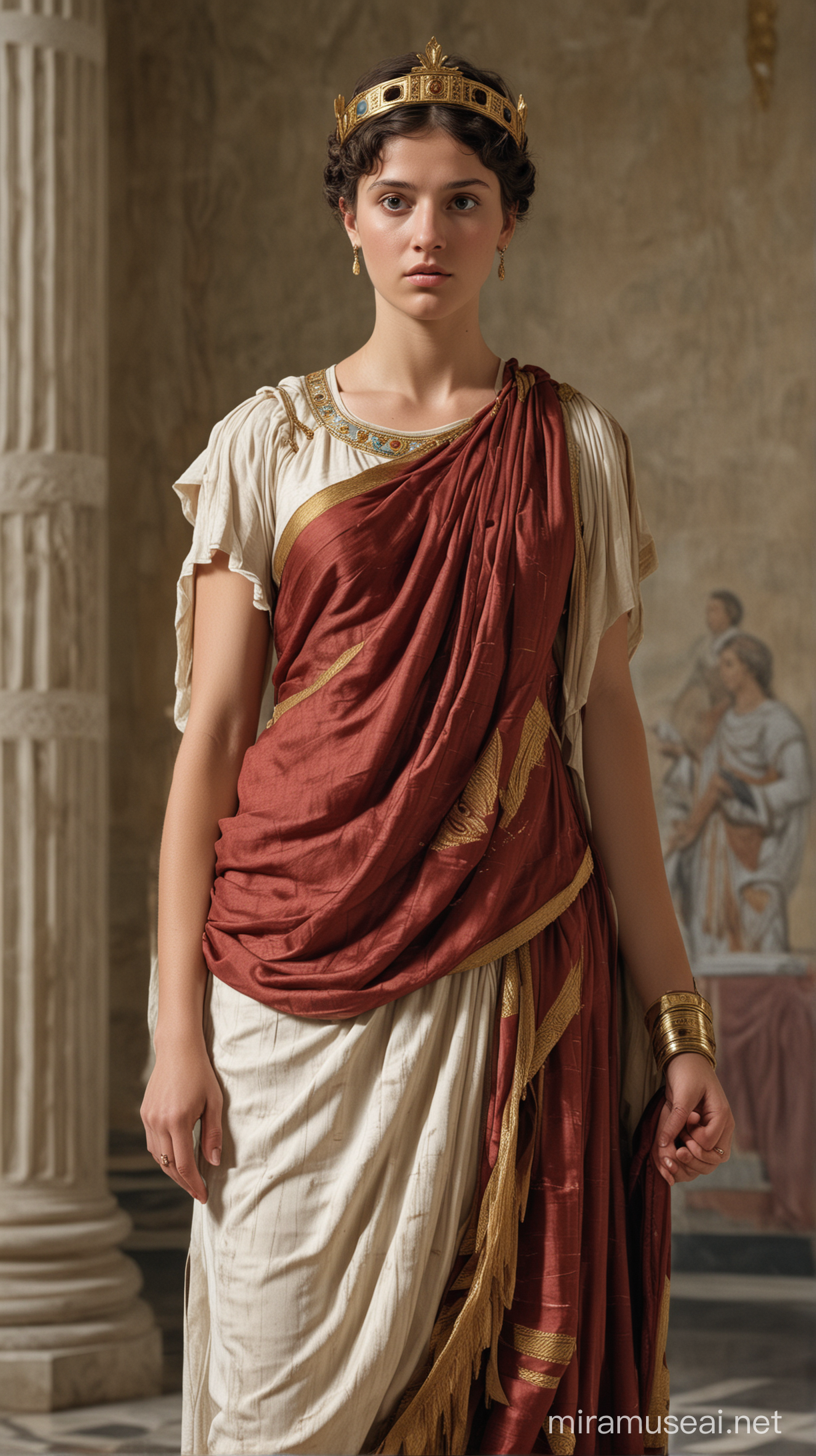 Visualize (((Julia, a young woman dressed in regal attire))), standing with a ((guilty expression)) before (((Emperor Augustus)))