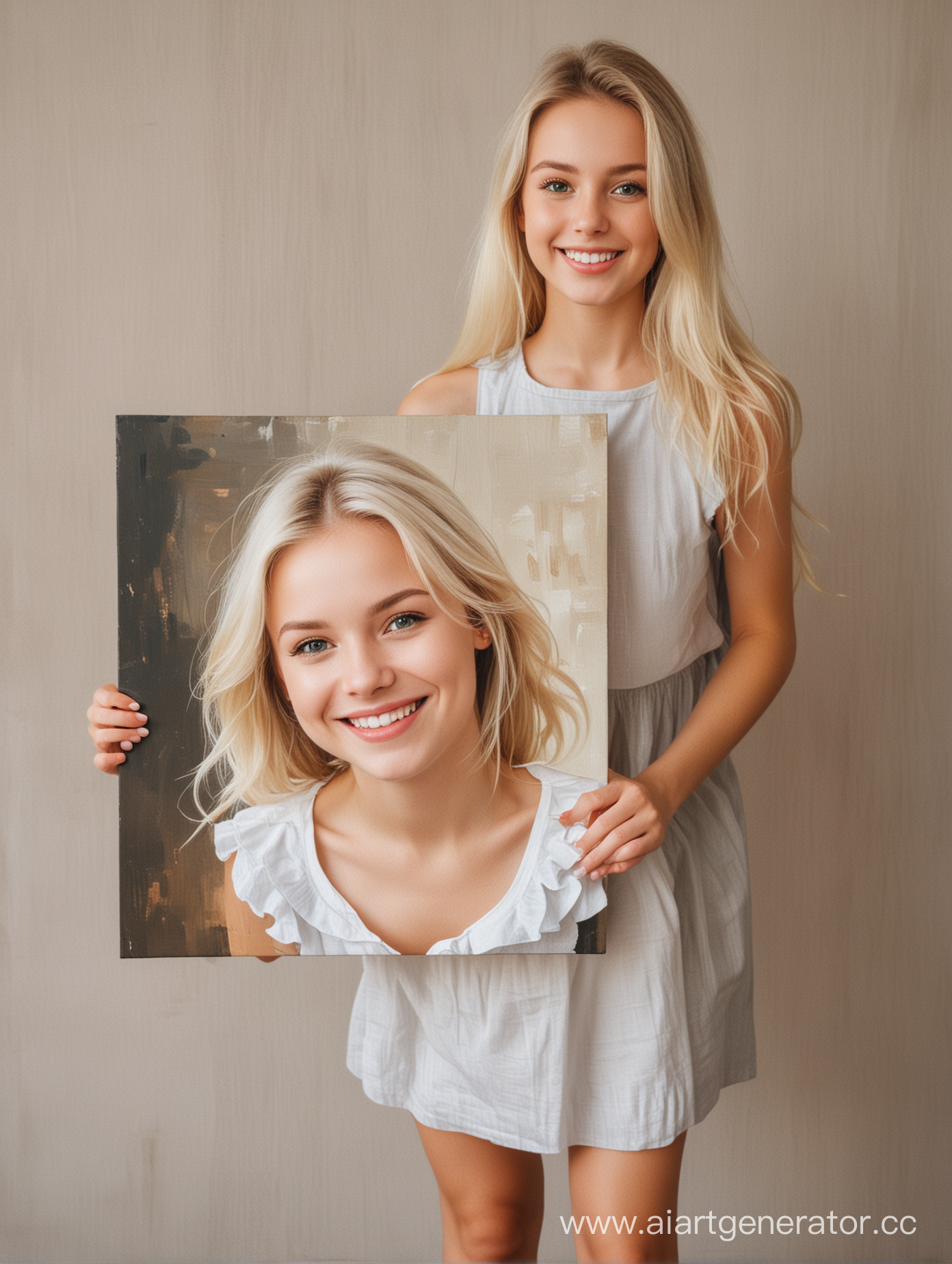 Счастливая, красивая девушка, блондинка, держит перед собой в руках портрет на холсте. В полный рост. 