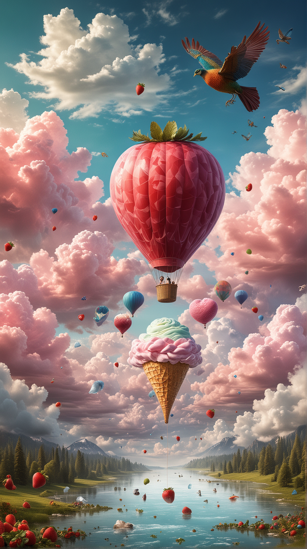 vivid dream with sky and clouds, a hot air balloon, giant floating strawberry, floating ice cream cone, a flying peacock, a giant trout, no people, middle of the image open to add text later,  in the style of christian schloe