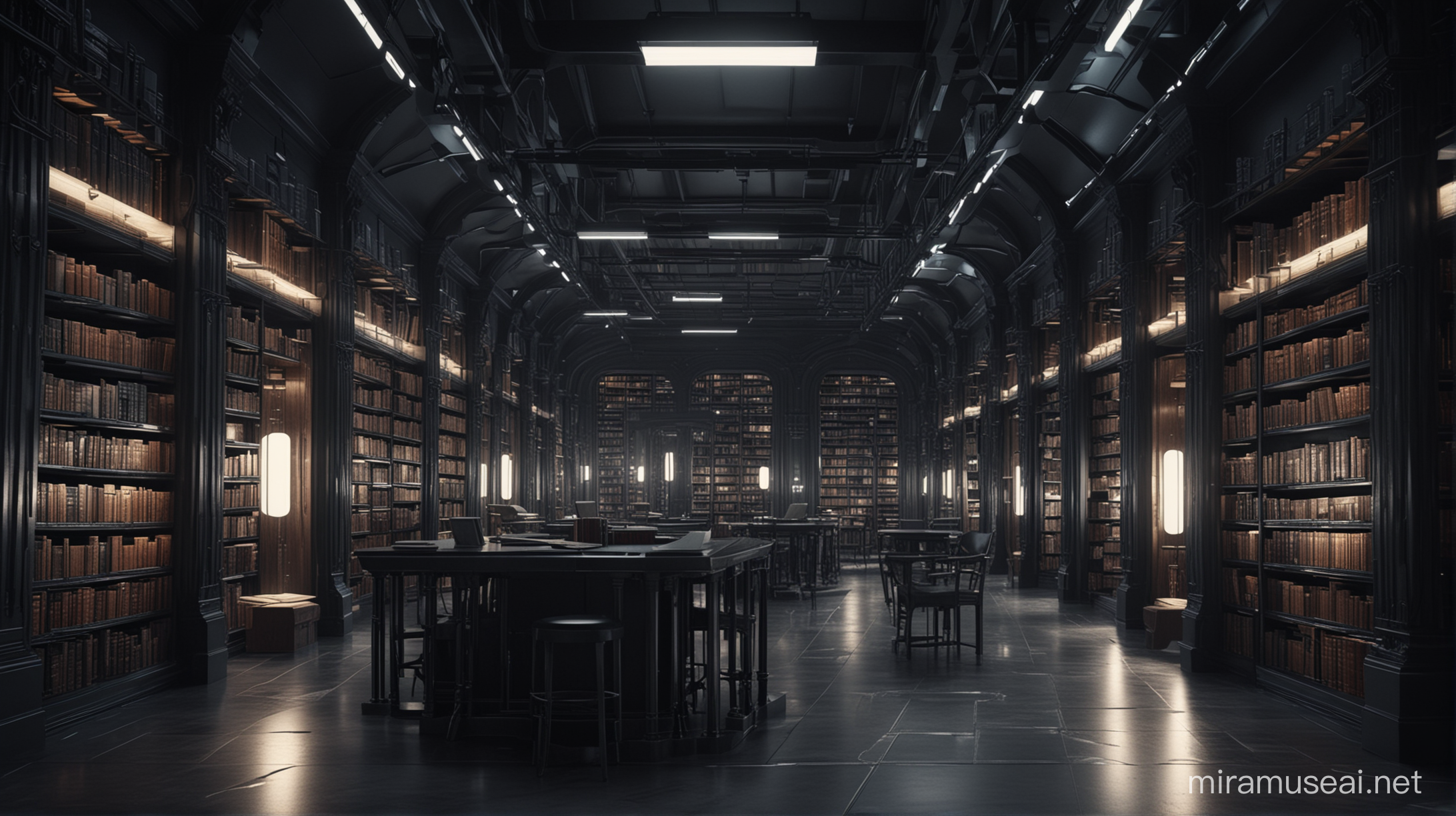 Please create a dark futuristic style image of a library. Photorealistic 4K image 