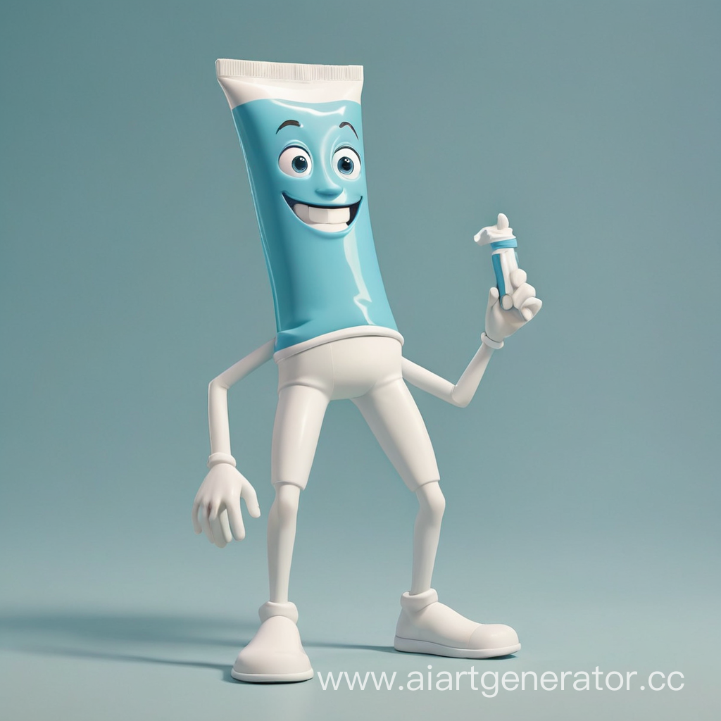 мультяшный персонаж с ногами человека и туловищем тюбика зубной пасты