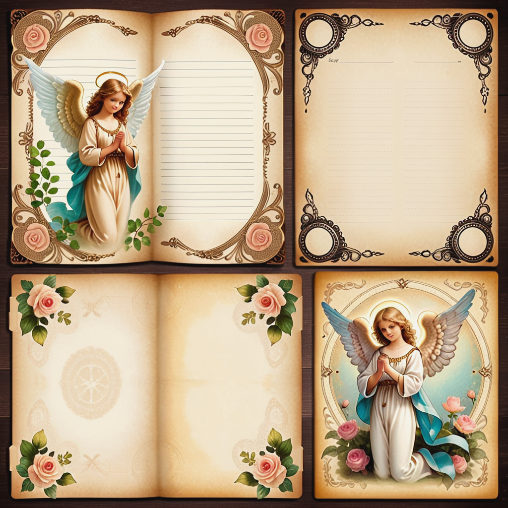 Vintage Angel Journaling Pages with Intricate Designs and Ornate Borders