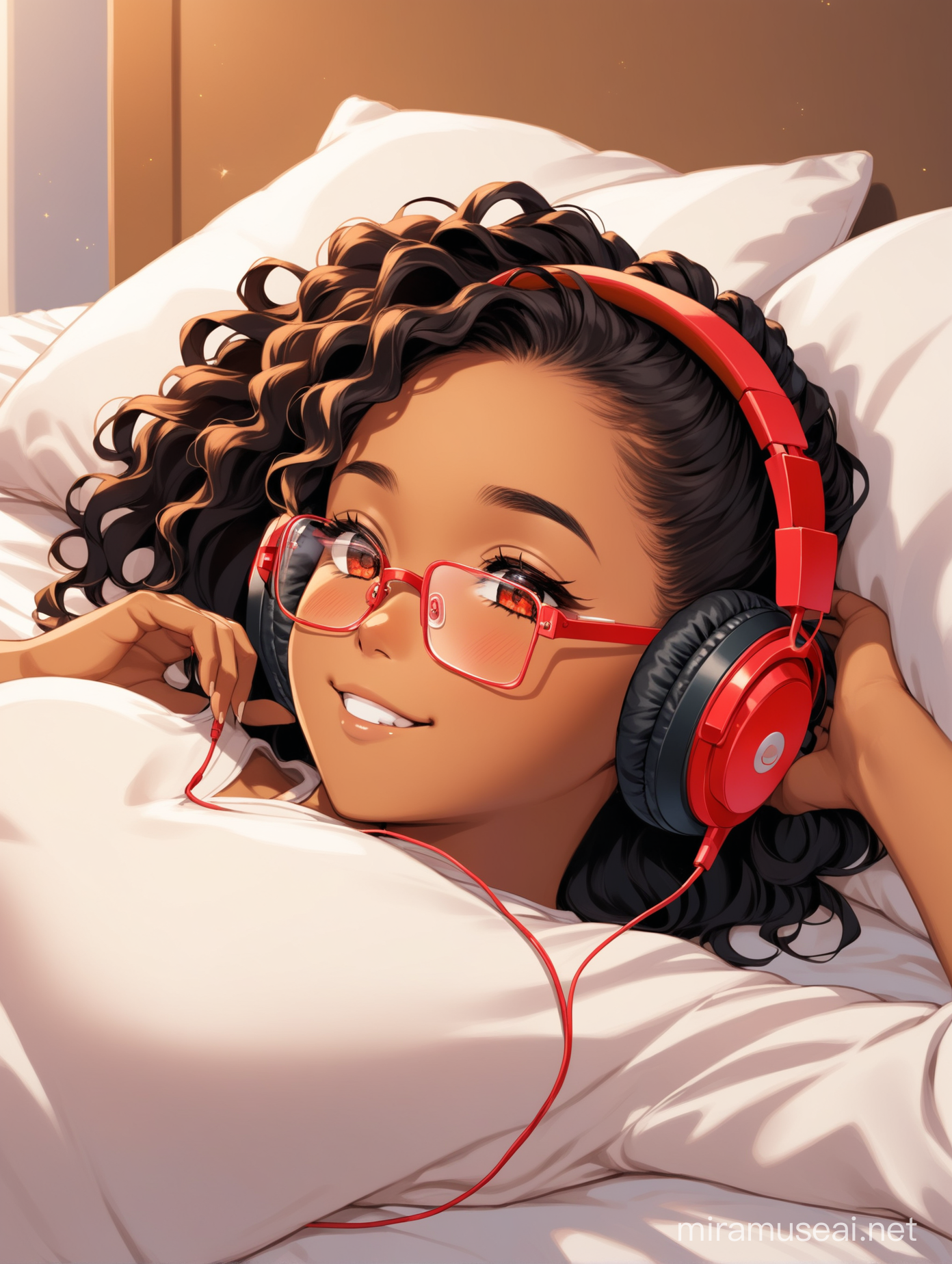 a 21 year old black women, she has a dark brown colored passion twist hairstyle, she is wearing a pair of red square shapped eye glasses on her face, she is wearing headphone on her ears, she is listening to music with her eyes close and a smile on her face, she is listening to music while laying down on the bed