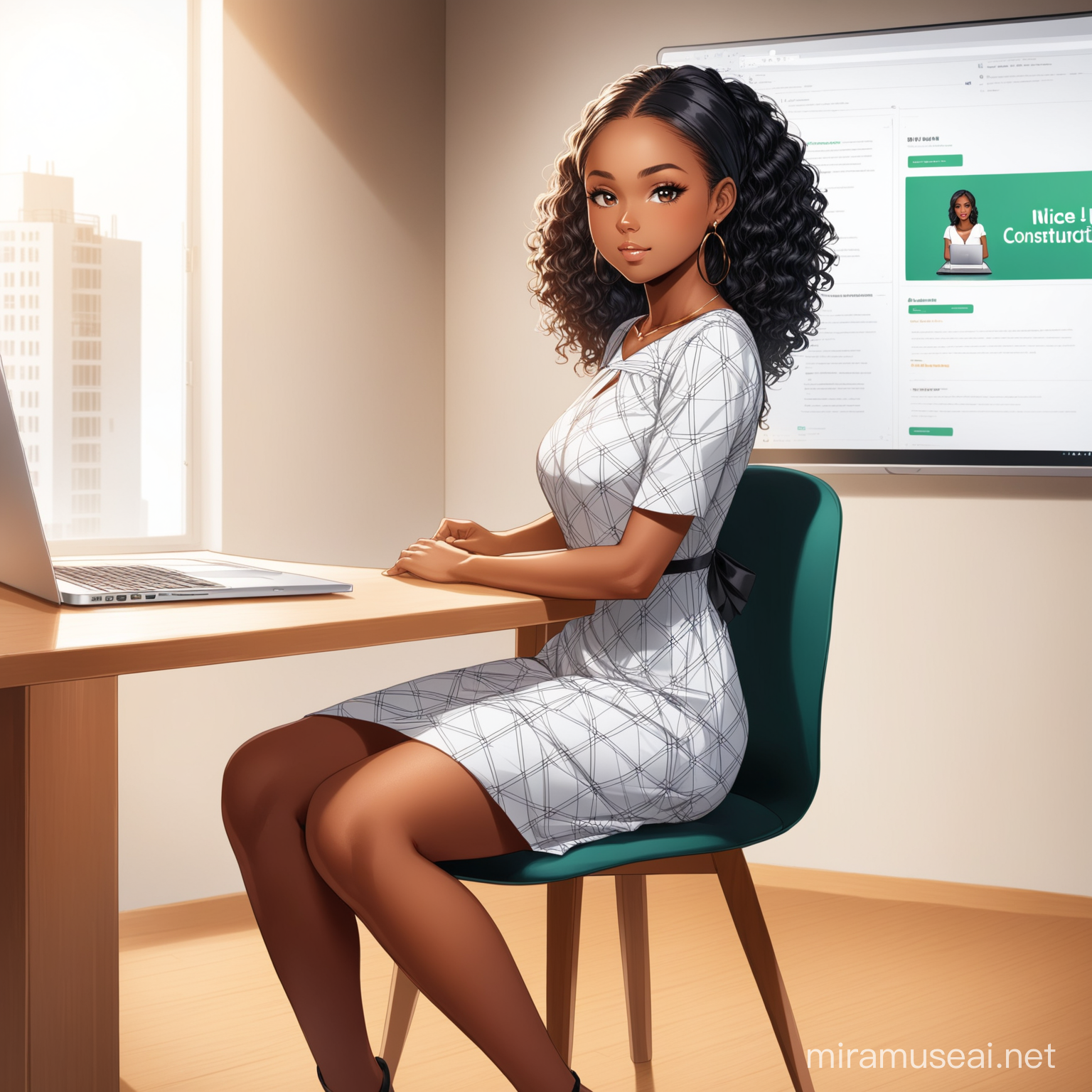 create an image of a young black lady sitting on a chair and a table in front of her with a laptop in a nice room with JWest Construction hub written in her dress and at the back of the wall behind her giving a presentation