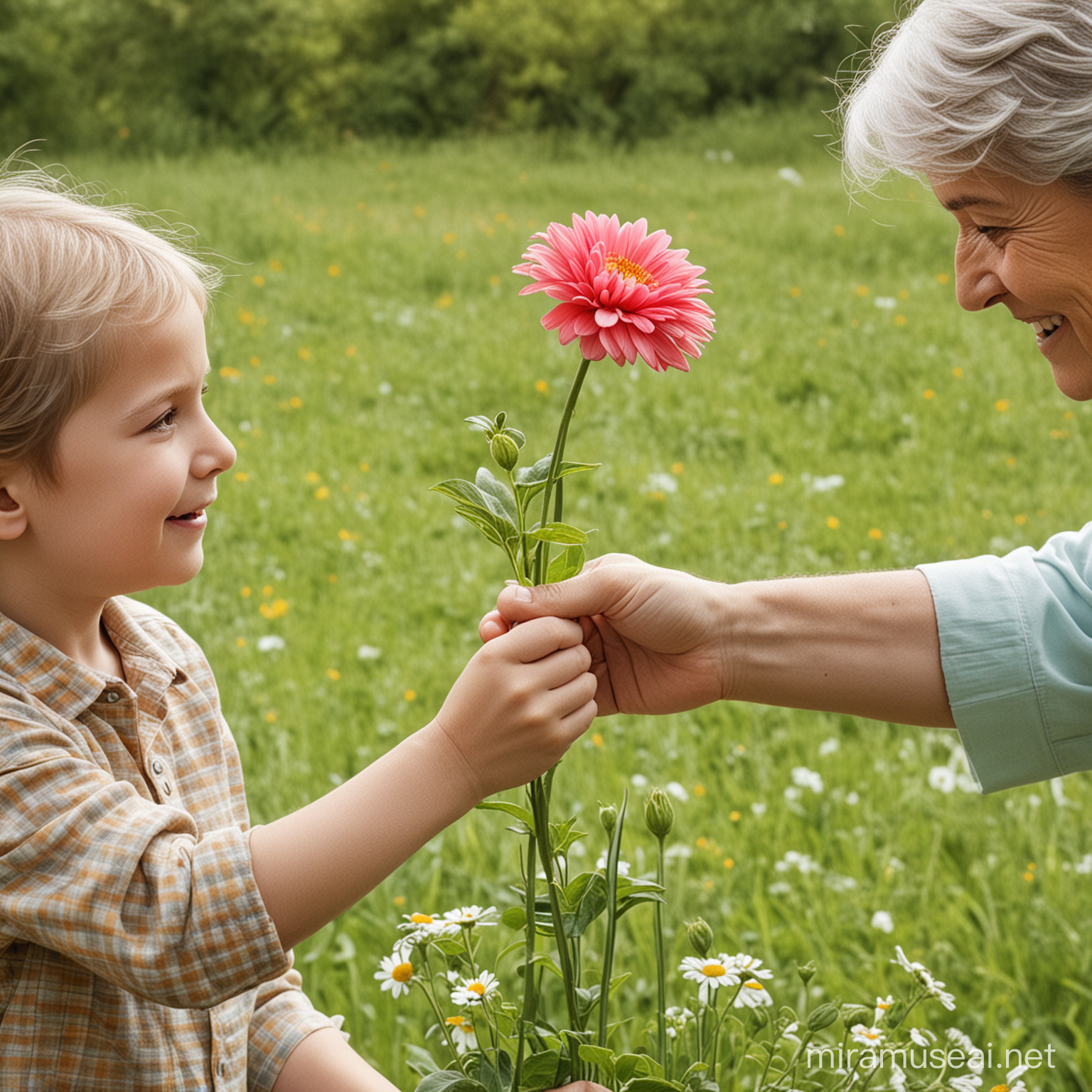 Generous Child Offering Flower to Elderly Person