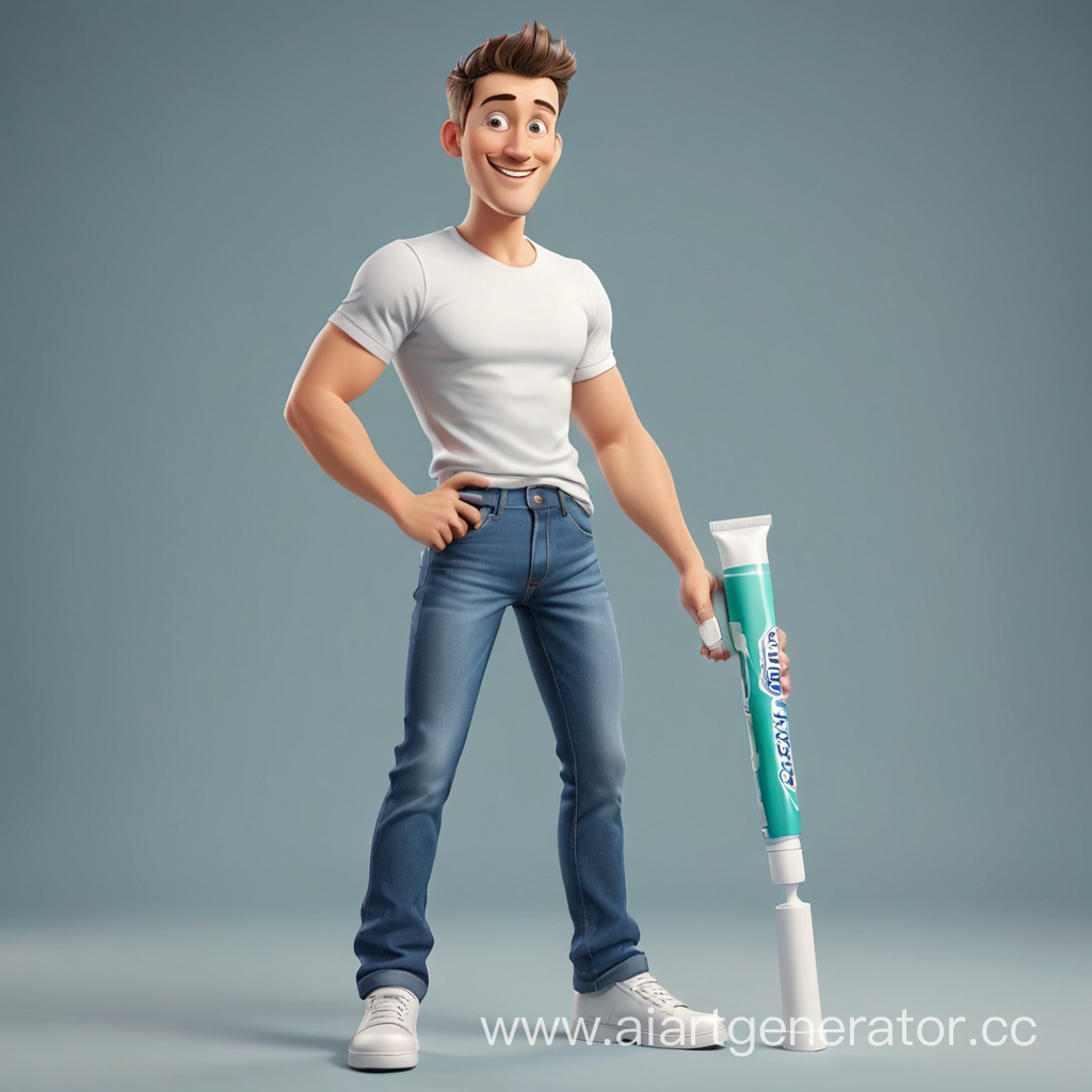 мультяшный парень в полный рост в джинсах с ногами человека и туловищем тюбика зубной пасты