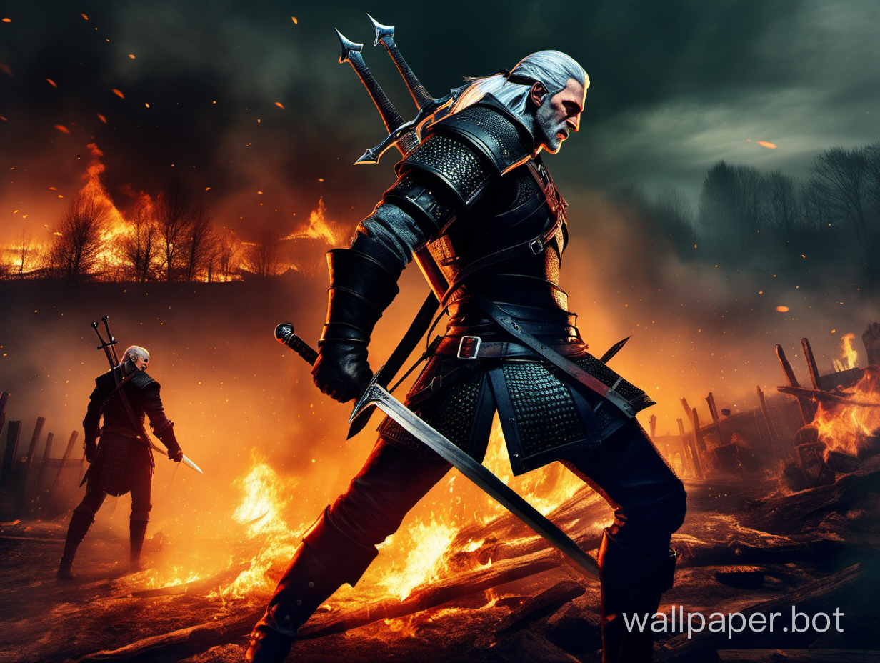A cool witcher fighting while there is fire in the background. 
