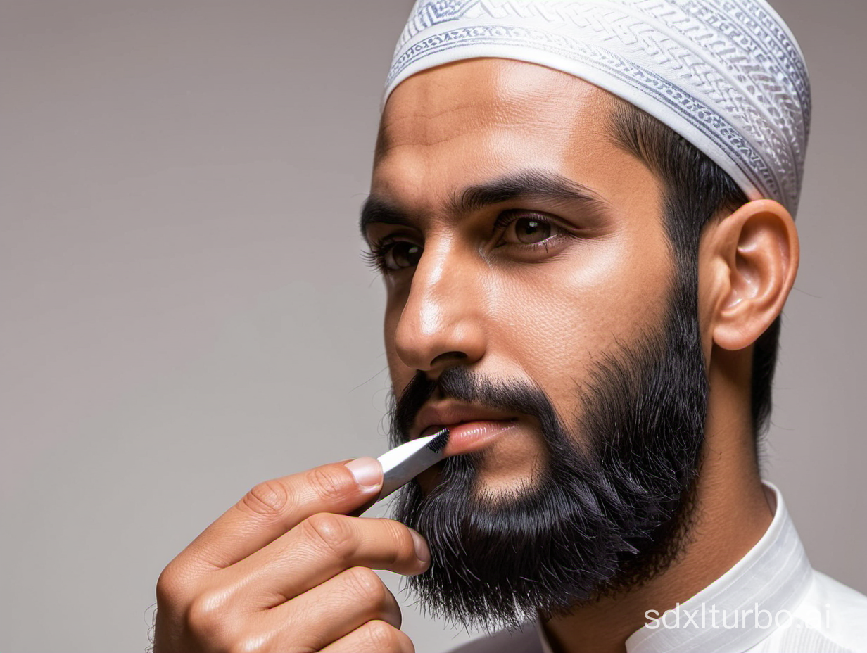A Muslim man combing his beard