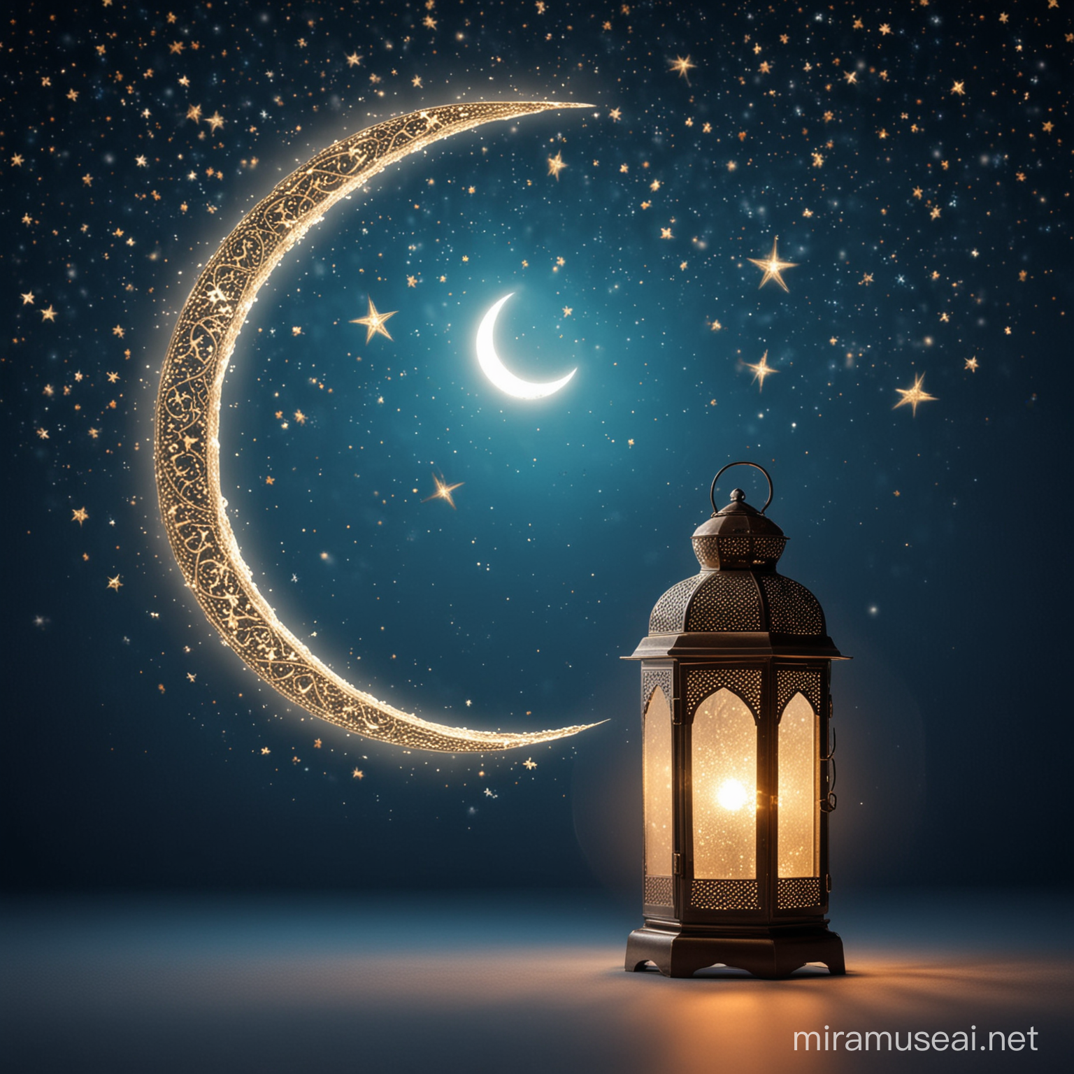 Islamic moon and lantern in front of a blue enlightened background and small glittery and stars effect