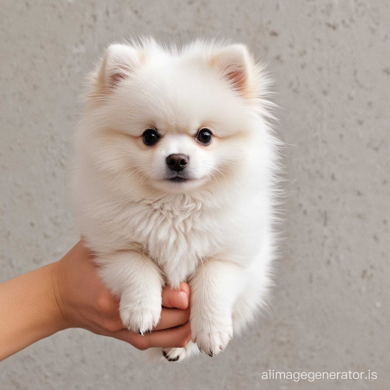 A cute and white Pomeranian dog in hand
