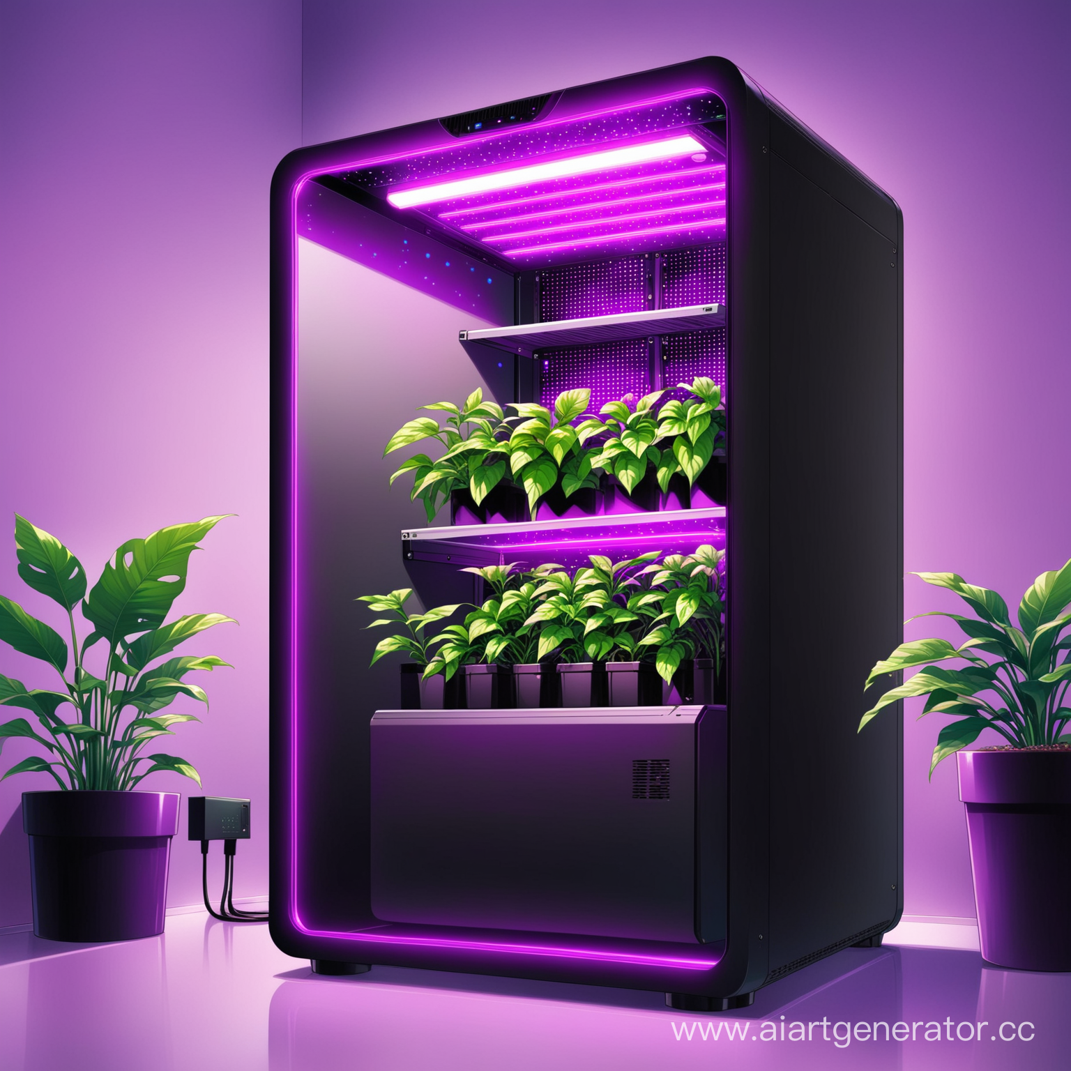 Гроубокс в корпусе компьютера с растениями. Картинка в фиолетово-черном цвете