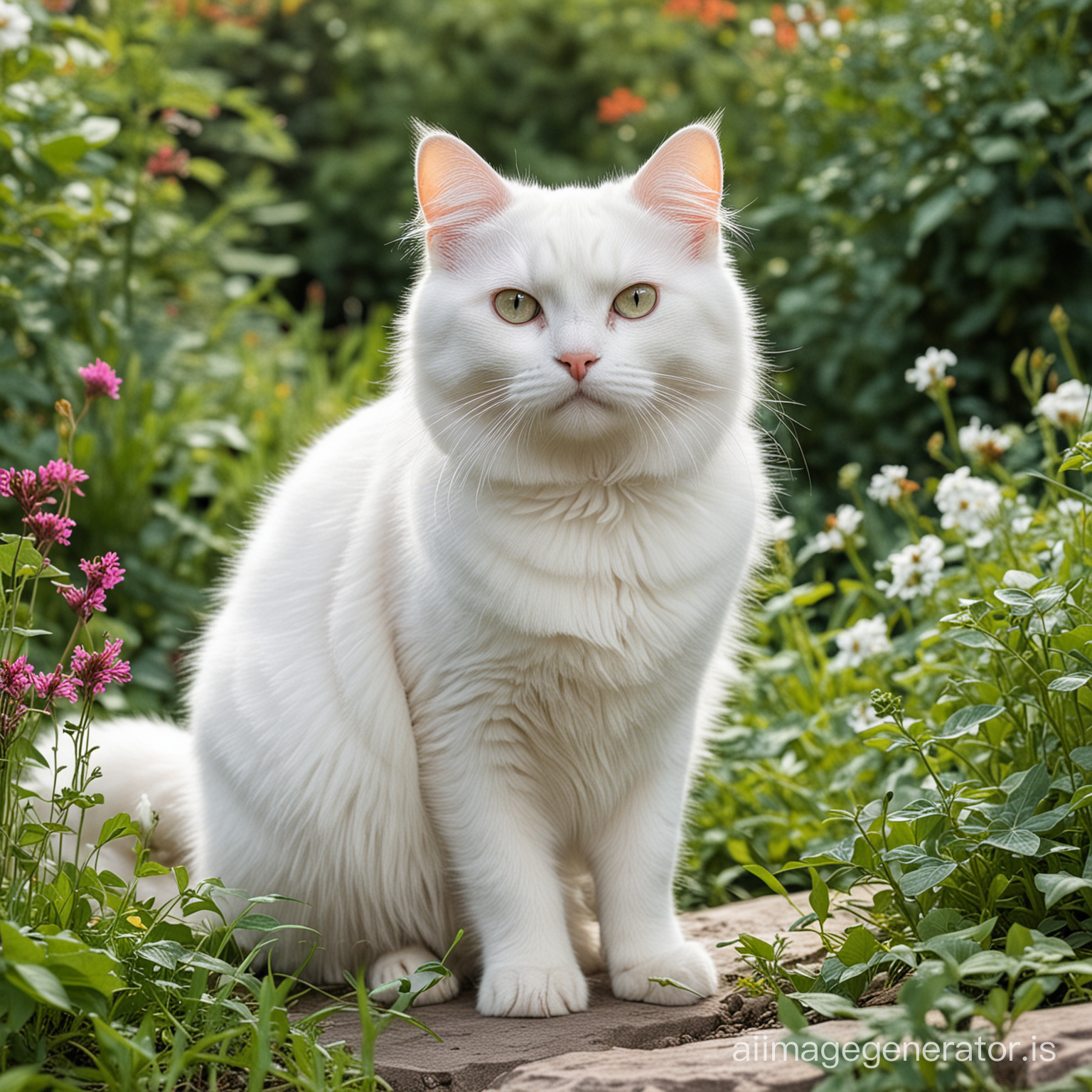 A very cute white cat in beautiful garden 
