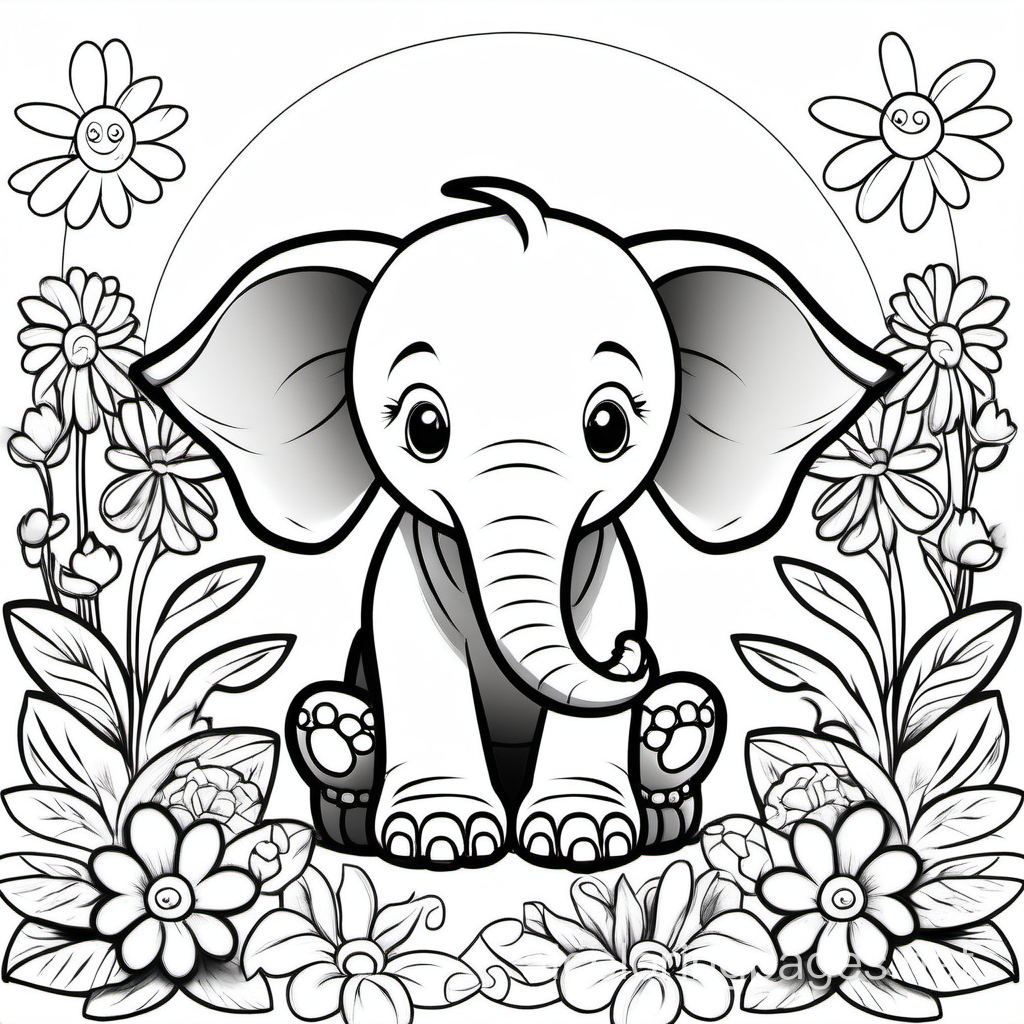 A smiling baby elephant basking in the sun, surrounded by beautiful flowers, kids coloring book, very thick line, colorless, simple drawing, cartoon, white background, no color, no grayscale, Coloring Page, black and white, line art, white background, Simplicity, Ample White Space. The background of the coloring page is plain white to make it easy for young children to color within the lines. The outlines of all the subjects are easy to distinguish, making it simple for kids to color without too much difficulty, Coloring Page, black and white, line art, white background, Simplicity, Ample White Space. The background of the coloring page is plain white to make it easy for young children to color within the lines. The outlines of all the subjects are easy to distinguish, making it simple for kids to color without too much difficulty