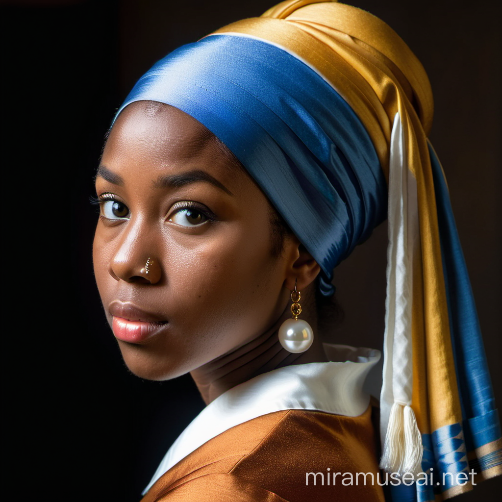 Elegant Portrait of a Young Black Woman in the Style of Girl with a Pearl Earring