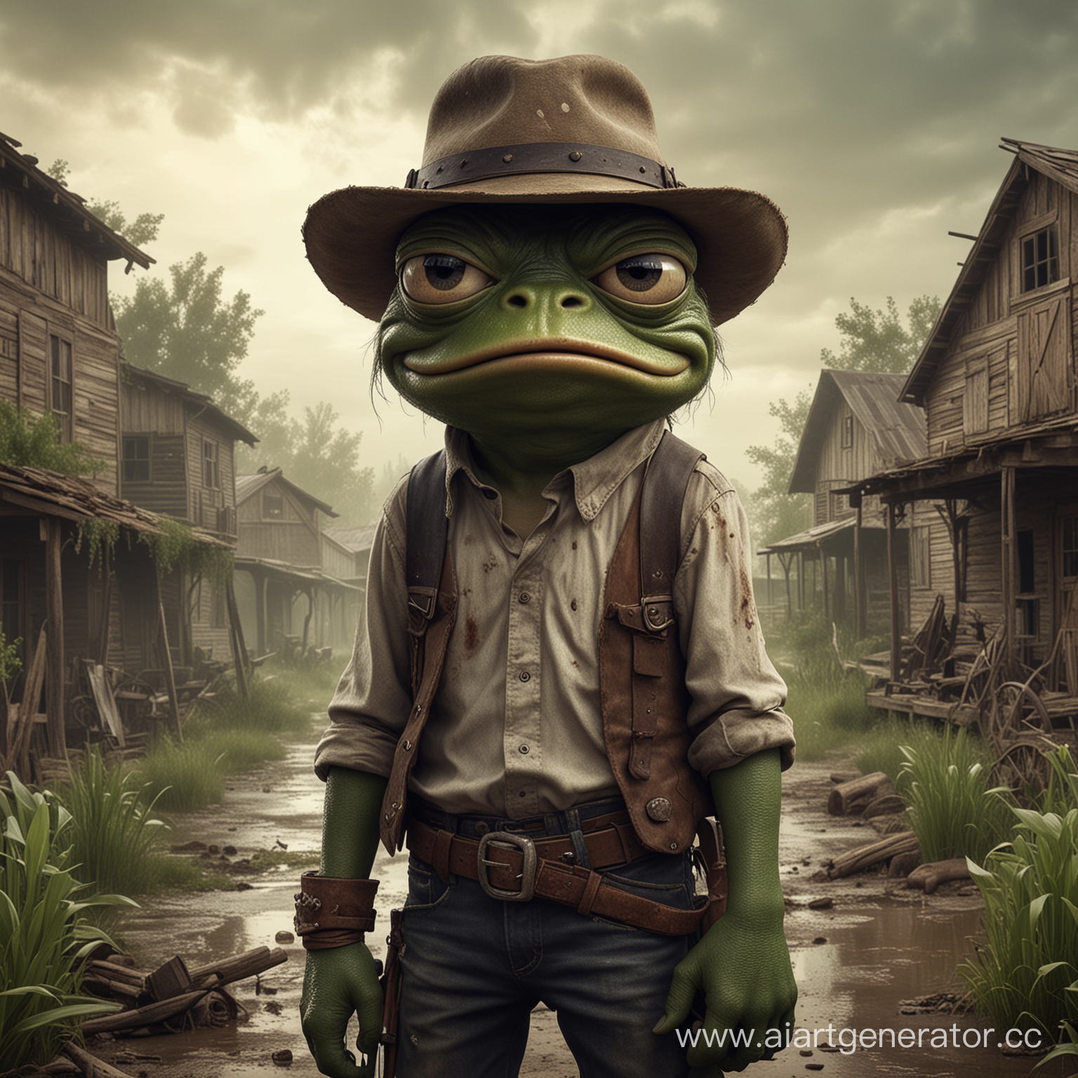 Angry eyes and smile Pepe Frog in Western style apocalypse, zombie and monster, gloomy atmosphere, 1865 years, Wild West, Winfield in the hands, he stands like a tough guy in full height, swamps with extensive greenery and old buildings and barns, old filter