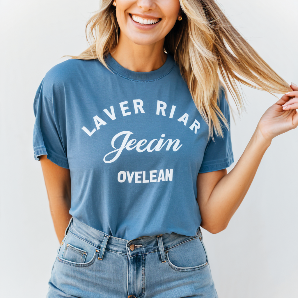 Blonde Woman in Comfort Colors Blue Jean Oversized TShirt Mockup with Boho Home Background