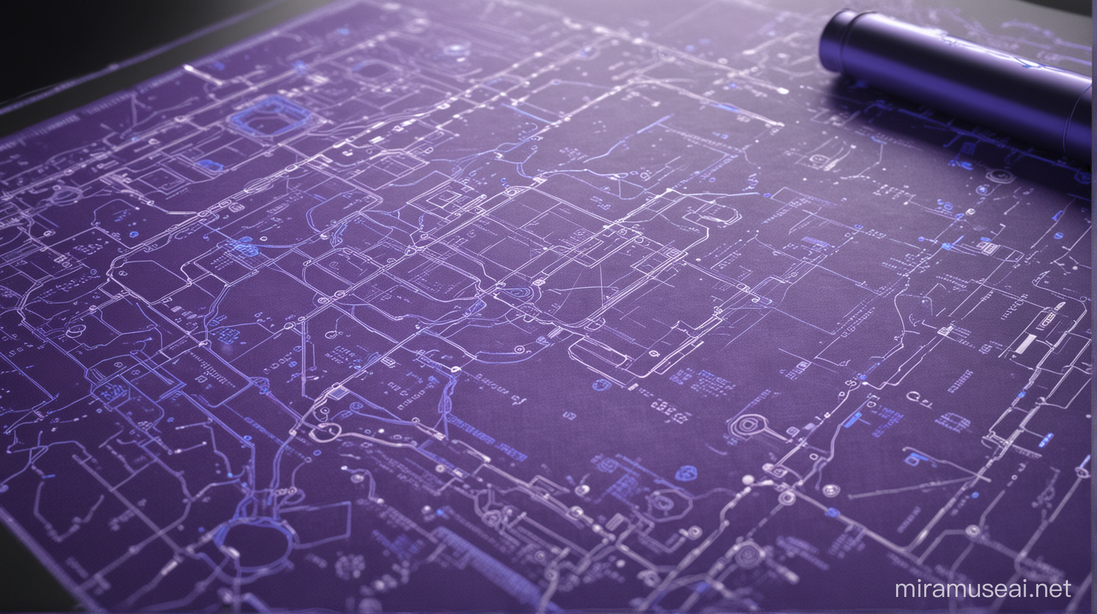 Please create a 4K photorealistic HD image of a high tech purple and blue blueprint 
