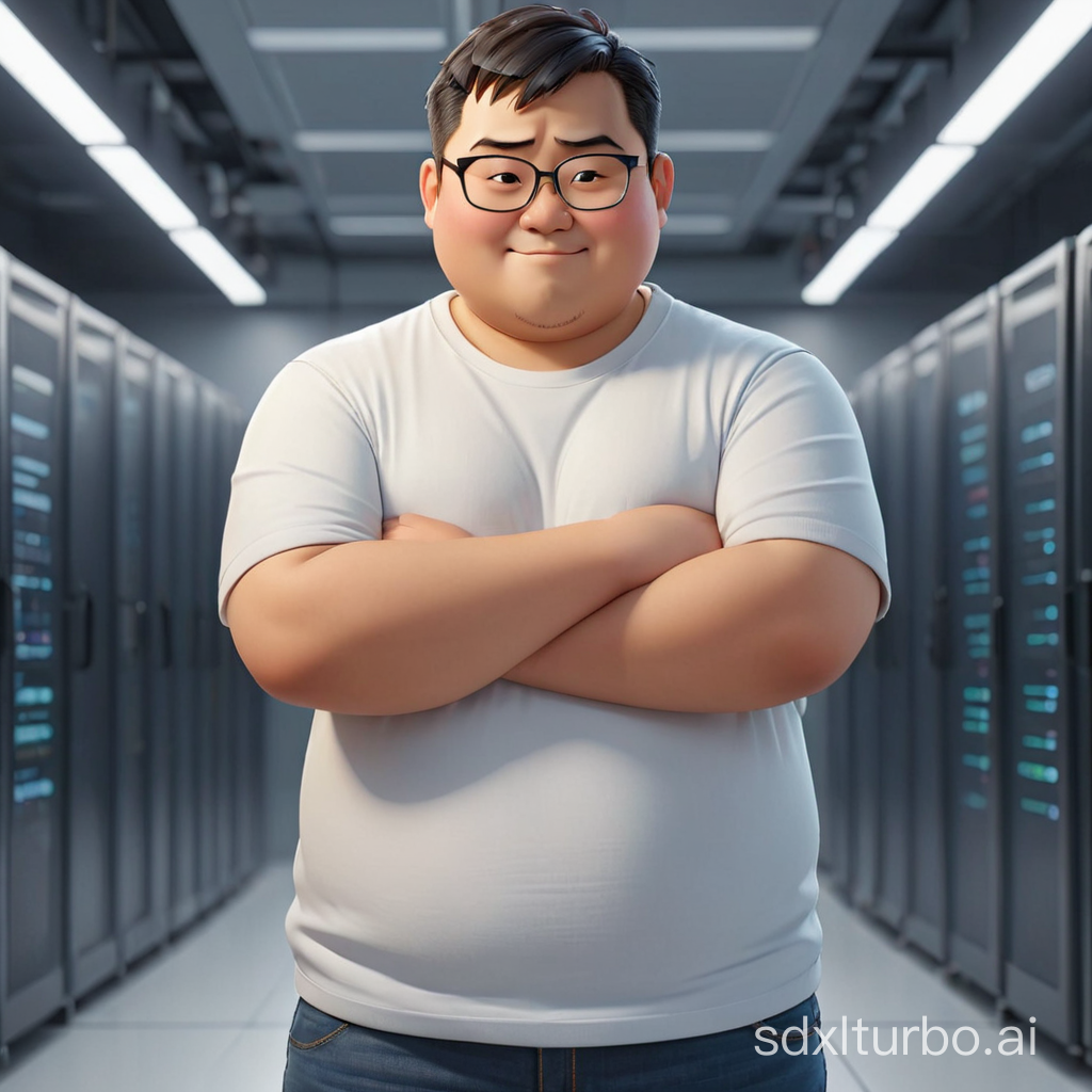 a chubby chinese man, with short cut hair and round glasses, wearing white t-shit and blue jeans, hands folded in fron of chest, grinning, inside a high tech data center,  soft atmosphere, chibi 3d anime style