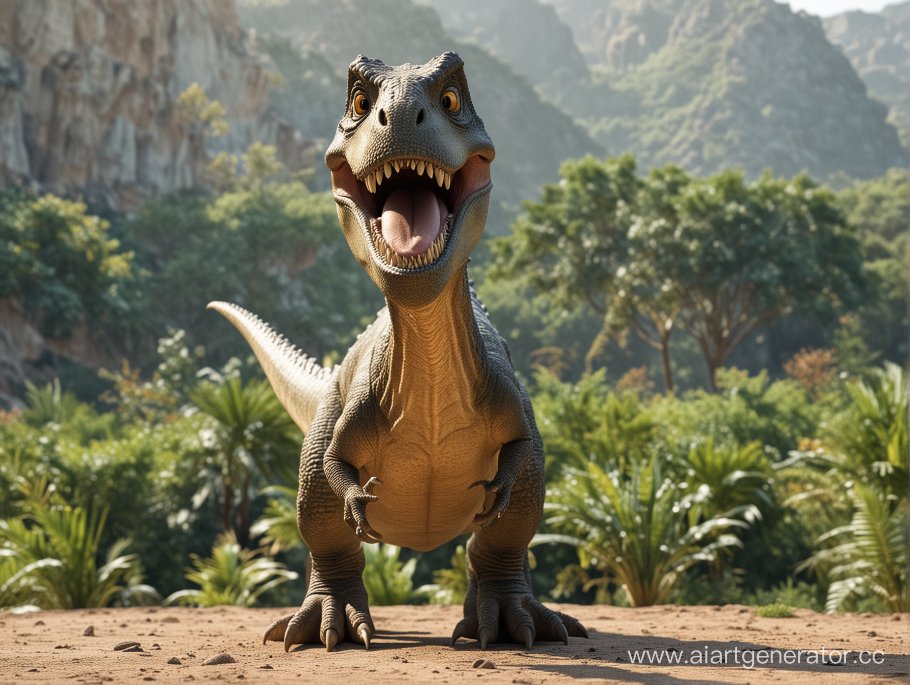 динозавр смотрит на нас и улыбается и машет
