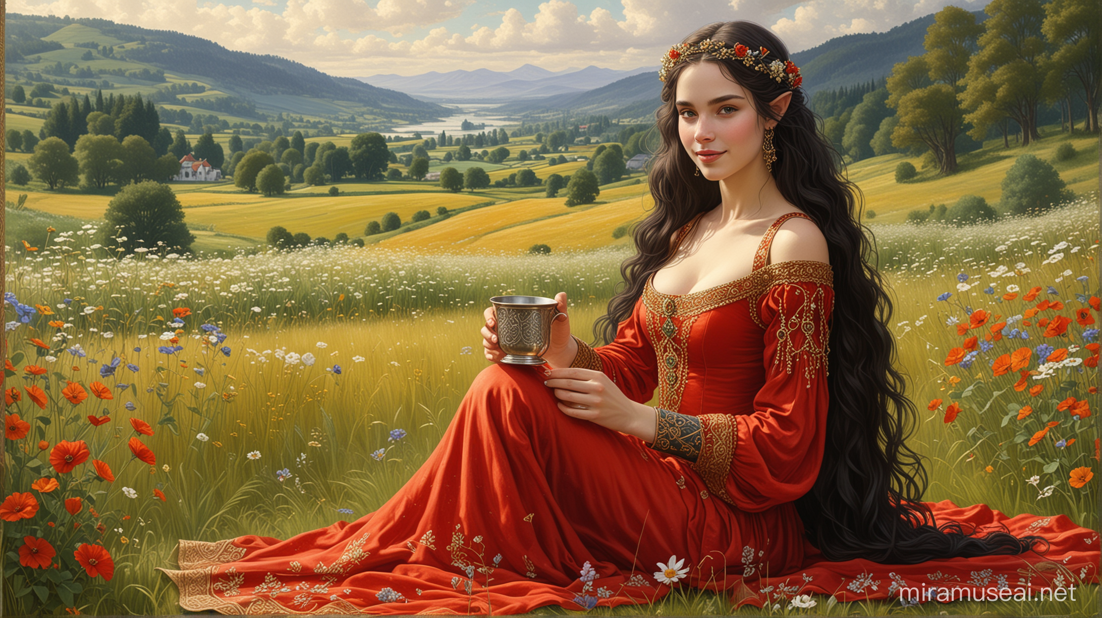 Piękna, usmiechnieta średniowieczna księżniczka elfów w czerwonej sukni. Ona siedzi na trawie i pije ze srebrnego kubka. Ona ma bardzo długie i gęste czarne włosy. W tle krajobraz: Kwiaty, trawa, dojrzałe zboże na polach, dębowa puszcza i odległe góry. Jest letni słoneczny dzień. Grafika ma ozdobną celtycką bordiurę dookoła grafiki. Grafika w stylu malarskim Gustava Klimta.