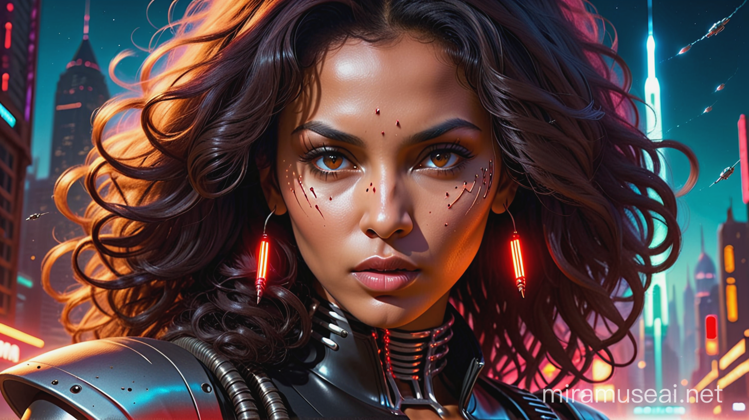 A hyper realistic, extreme close up of a photogenic, very young and fully naked Pam Grier with her lips closed, as a menacing Terminator with half of her exo-skeleton and cybernetic eye exposed, with bullet wounds and sparks flying from the interior of her exoskeleton, wearing a black leather jacket with chains, and carrying a massive futuristic bazooka gun, amidst a stunningly beautiful, densely lit, glowing neon red colored futuristic, alien city with incandescent lightning, laser blasts, multiple explosions against a futuristic neon red background with fiery lightning, amidst a stunningly beautiful, densely lit, neon gold and red colored futuristic, alien city with red incandescent lightning, multiple red tinged, smoke plume filled explosions and multiple neon red lens flares across a gorgeous starlit night sky with multiple spacecraft, amidst a stunningly beautiful, densely built, neon red colored futuristic, desolate, alien city with giant citadels, incandescent blue lightning, multiple luminescent explosions, smoke plumes and stunning lens flares across a gorgeous night sky filled with hundreds of glittering stars and alien moons.