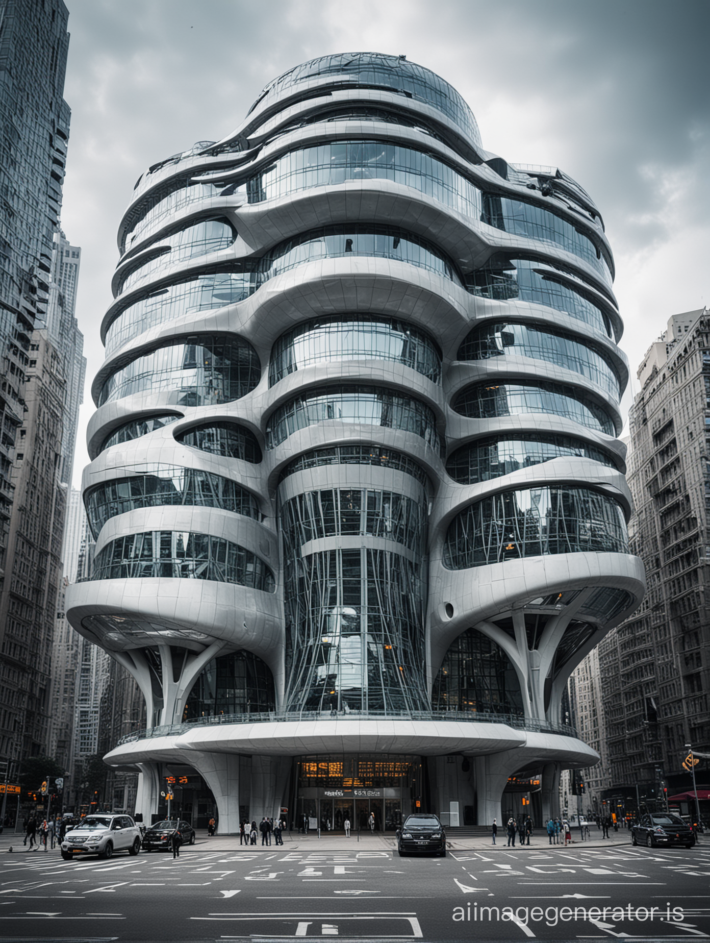 A very futuristic building in big city 