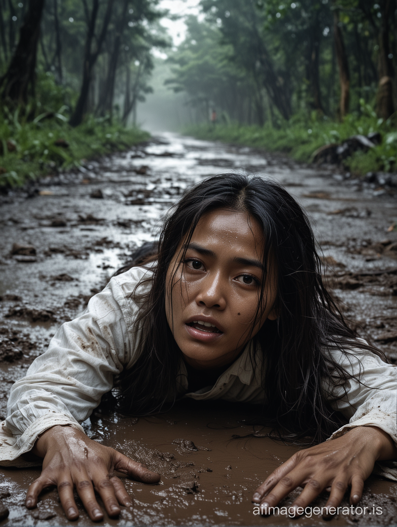 Low angle. Movie poster an indonesian women, mesy long hair,she lying on her stomach on a muddy road.in the dark night.with a stained face and outstreched arms,she wesringva long worn white shirt that was dirty and wet.her face showed pain and she ask for help by reaching her hand forward but sone people in there are  not care.cinenatic,gloomy,dark fantasy,mystical