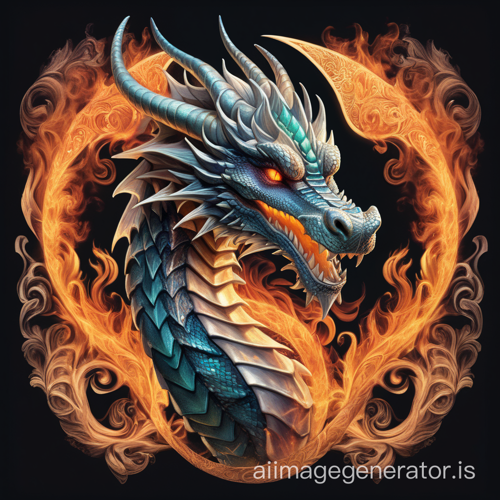 A dragon logo intertwined with intricate text, adorning the front of t-shirts in bold, elegant lettering, the dragon's scales shimmering with metallic accents, its eyes glowing with an otherworldly intensity, surrounded by swirling wisps of smoke and flames, evoking a sense of ancient power and mystique, Illustration, digital art, --ar 16:9 --v 5