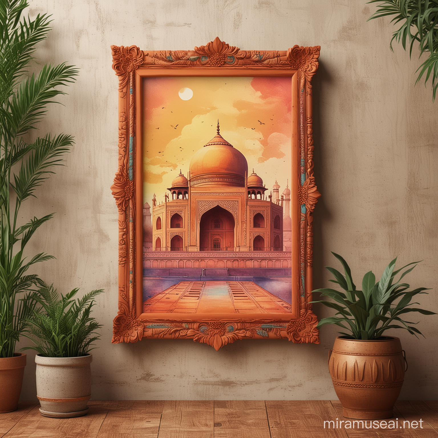 Create a mockup of a frame in A2 format in an Indian setting. A profusion of colors and materials, so that I can promote my illustration creation