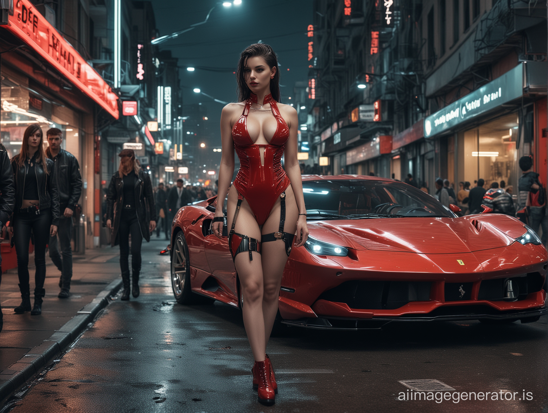 Cyberpunk enhanced and modded Ferrari (centered horizontally in frame) parked in a busy cyberpunk city, people walking on the sidewalk.
Beautiful scantilly clad young woman with cyber implants, cyborg elements, standing next to it. Cyberpunk clothing on everyone in the picture. Sci Fi atmosphere. Night, gritty