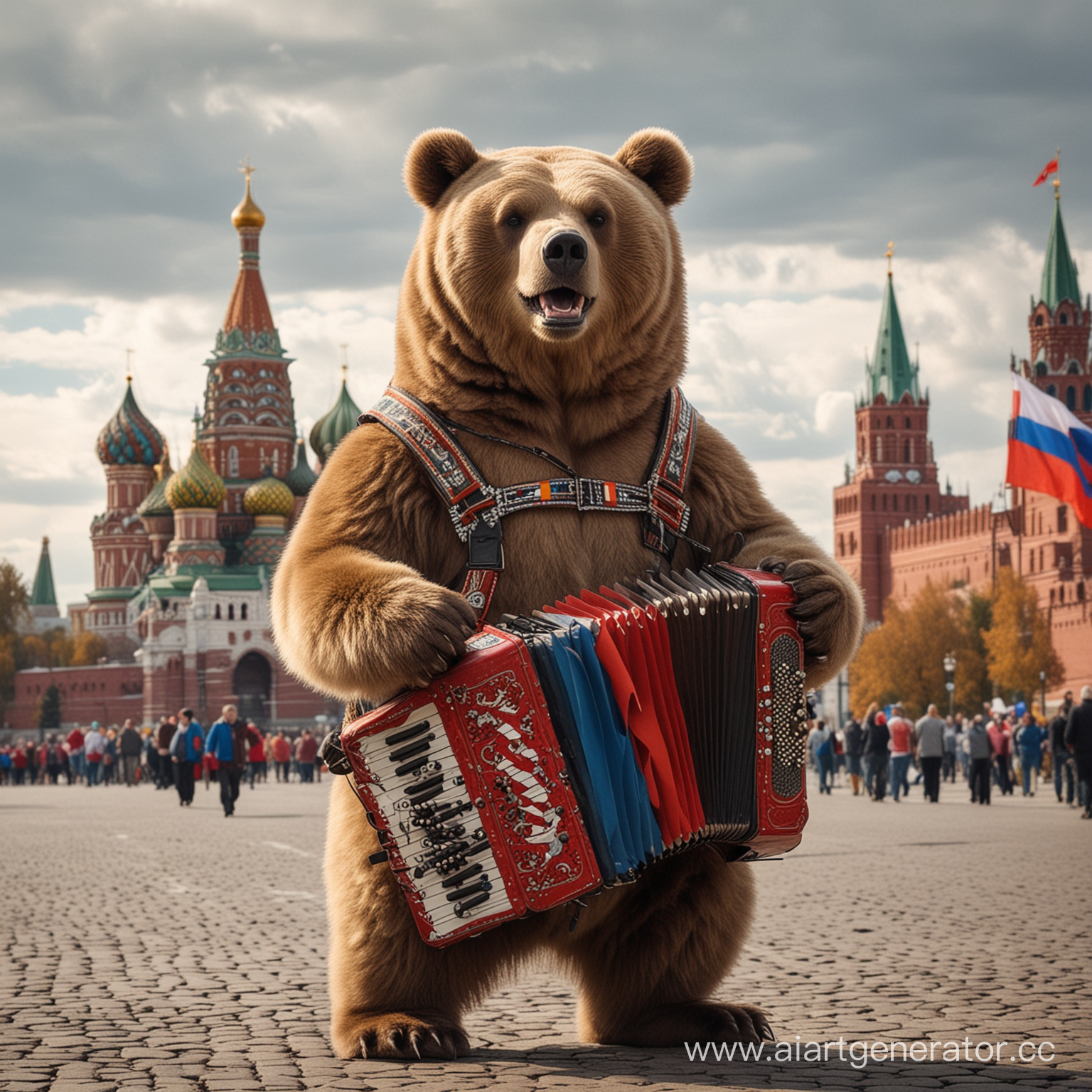 Русский медведь с аккордеоном, флаг россии и кремля на фоне