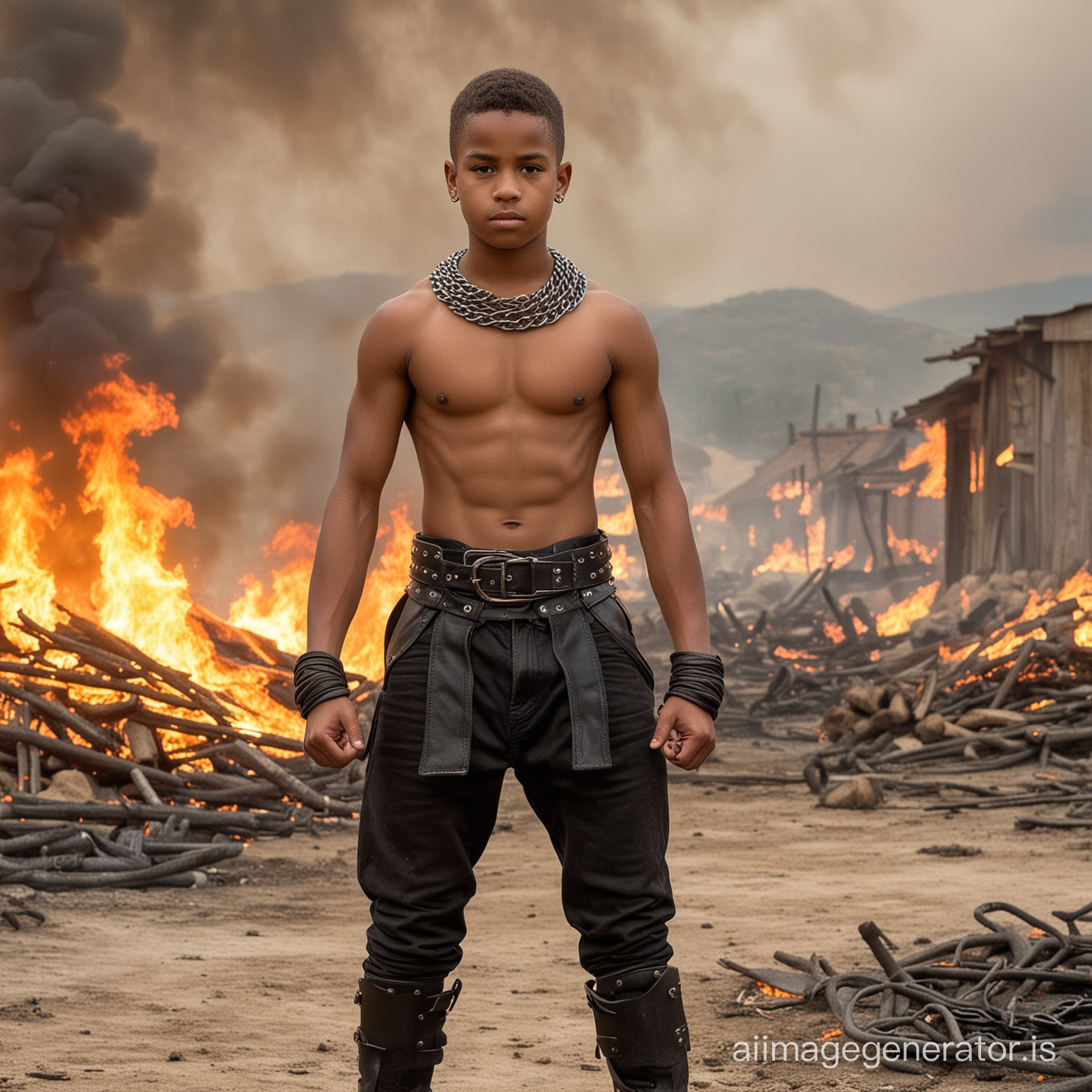 A very young black shirtless muscular teenage boy warrior and wearing a very short loincloth with chains, a big leather belt and boots and showing his biceps, a village on fire in the background.