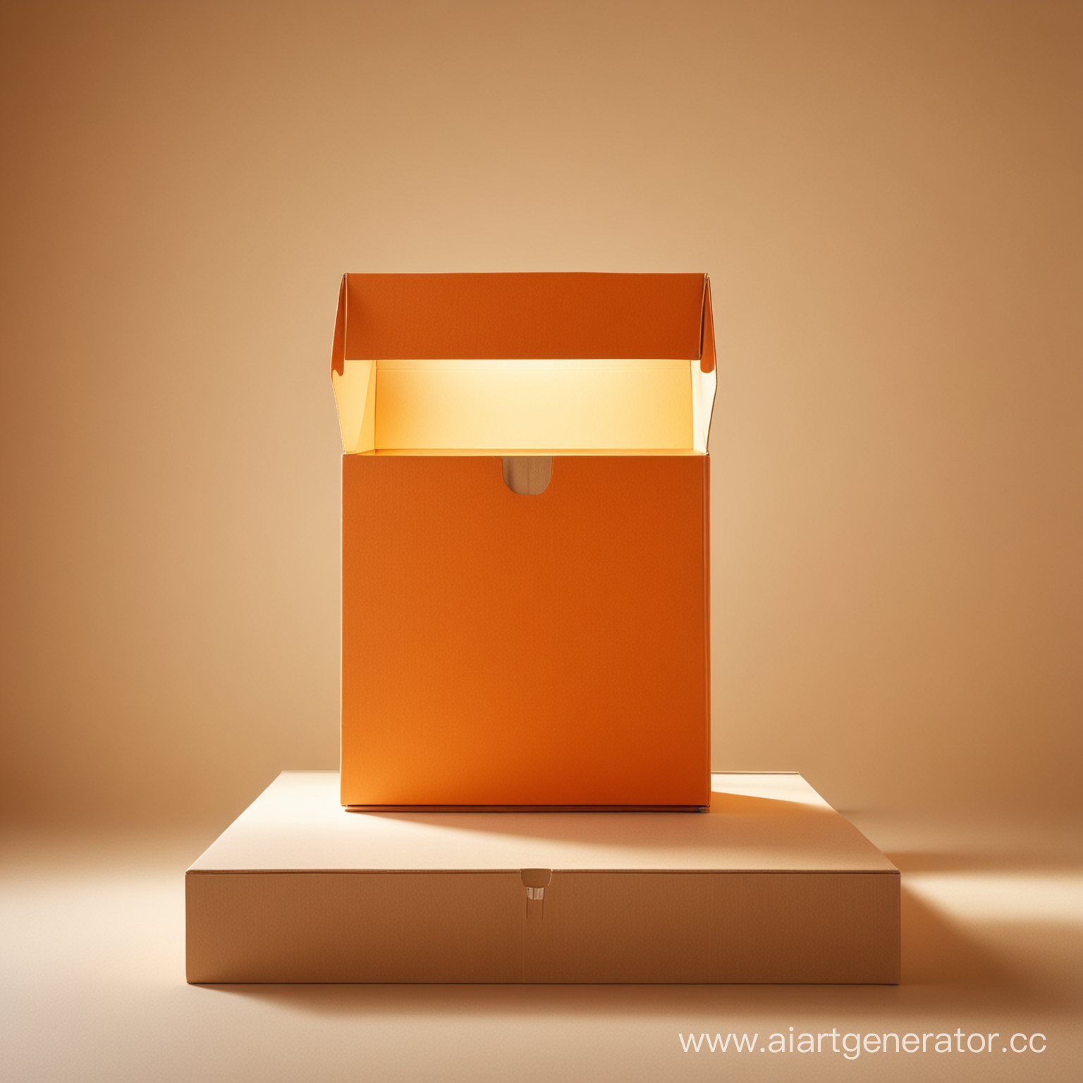 Открытая большая коробка оранжевого цвета стоит на подиуме. Из коробки льется свет. Фон бежевый