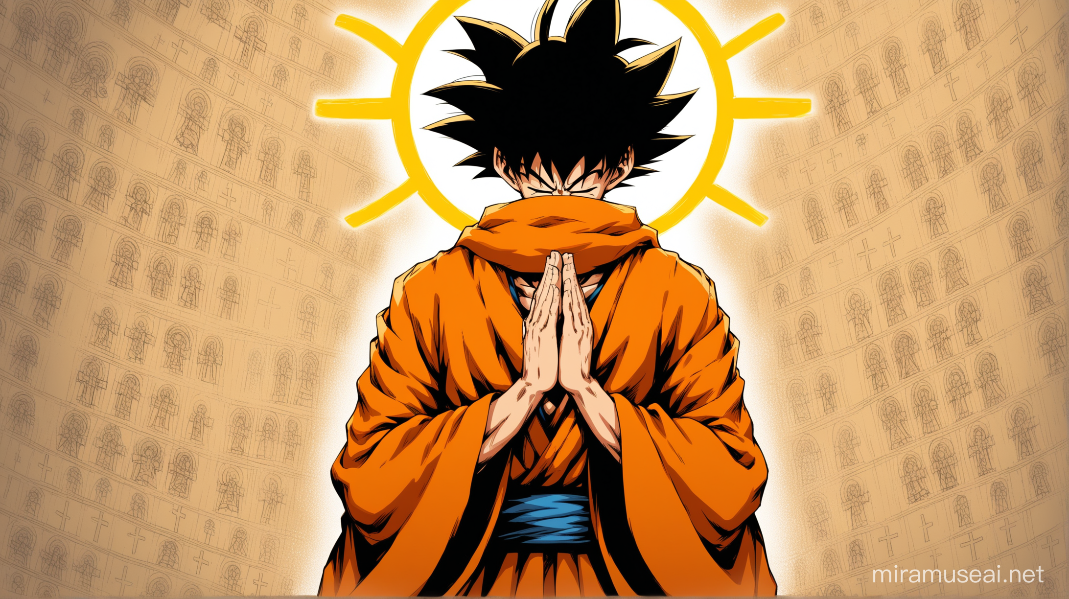 Goku with a yellow halo praying, he has a ancient robe full of crosses drawings over it