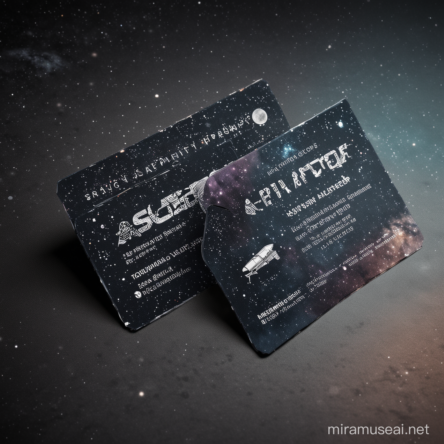 Craft a business card with a Space theme, capturing the wonder, exploration, and vastness of the cosmos. Utilize cosmic backgrounds, nebula patterns, or starry skies to set the scene. Integrate futuristic elements like spaceships, planets, or astronauts to evoke the spirit of space exploration. Employ futuristic fonts and metallic accents to convey a sense of technological advancement. Include business details in a format that reflects the limitless possibilities of space travel. front side and back side should generated
