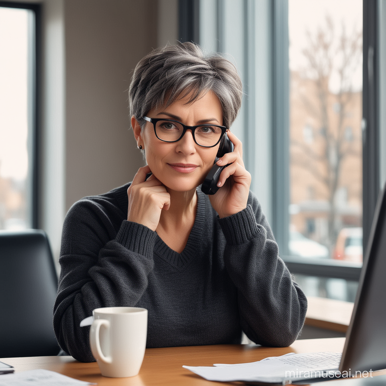 office worker from HR department, in her early 50s, slightly dark grey short hair, glasses, sitting at office desk, talking through phone and holding coffee mug in other hand, wearing dark sweater, office window in background
