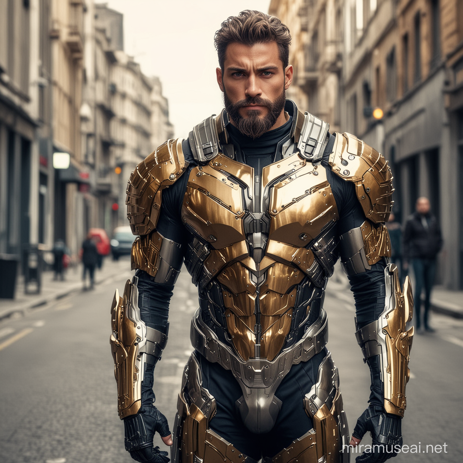 Tall and handsome muscular men with beautiful hairstyle and beard with attractive eyes and Big wide shoulder and chest in sci-fi High Tech golden, silver and black armour suit with firearms standing on street 