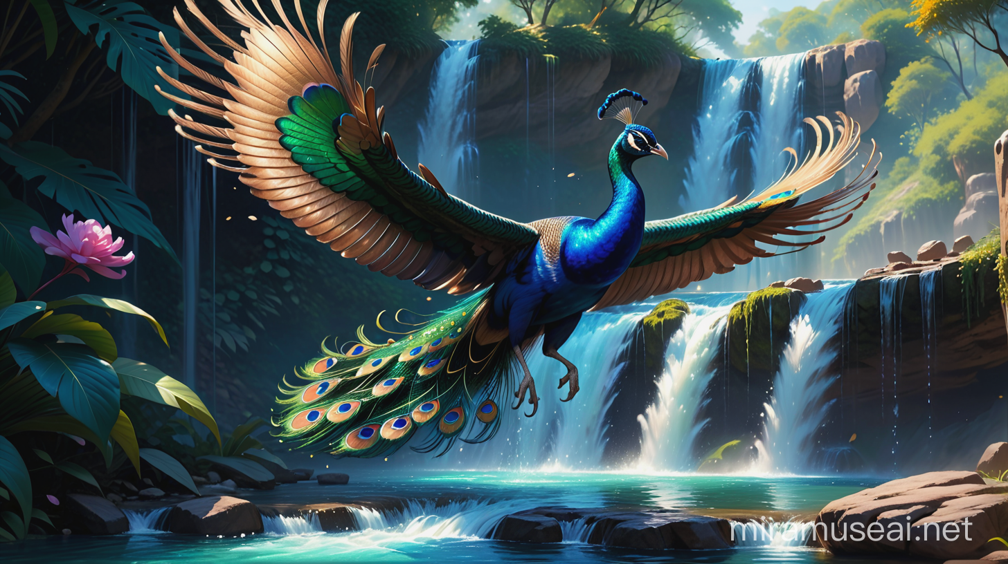 a painting of a peacock flying over a waterfall, beautiful digital artwork, beautiful digital art, digital painting highly detailed, very beautiful digital art, beautiful digital painting, beautiful gorgeous digital art, stunning digital painting, blue phoenix bird, beautiful nature, gorgeous digital art, stunning digital art, highly detailed digital painting, gorgeous digital painting, beautiful art uhd 4 k