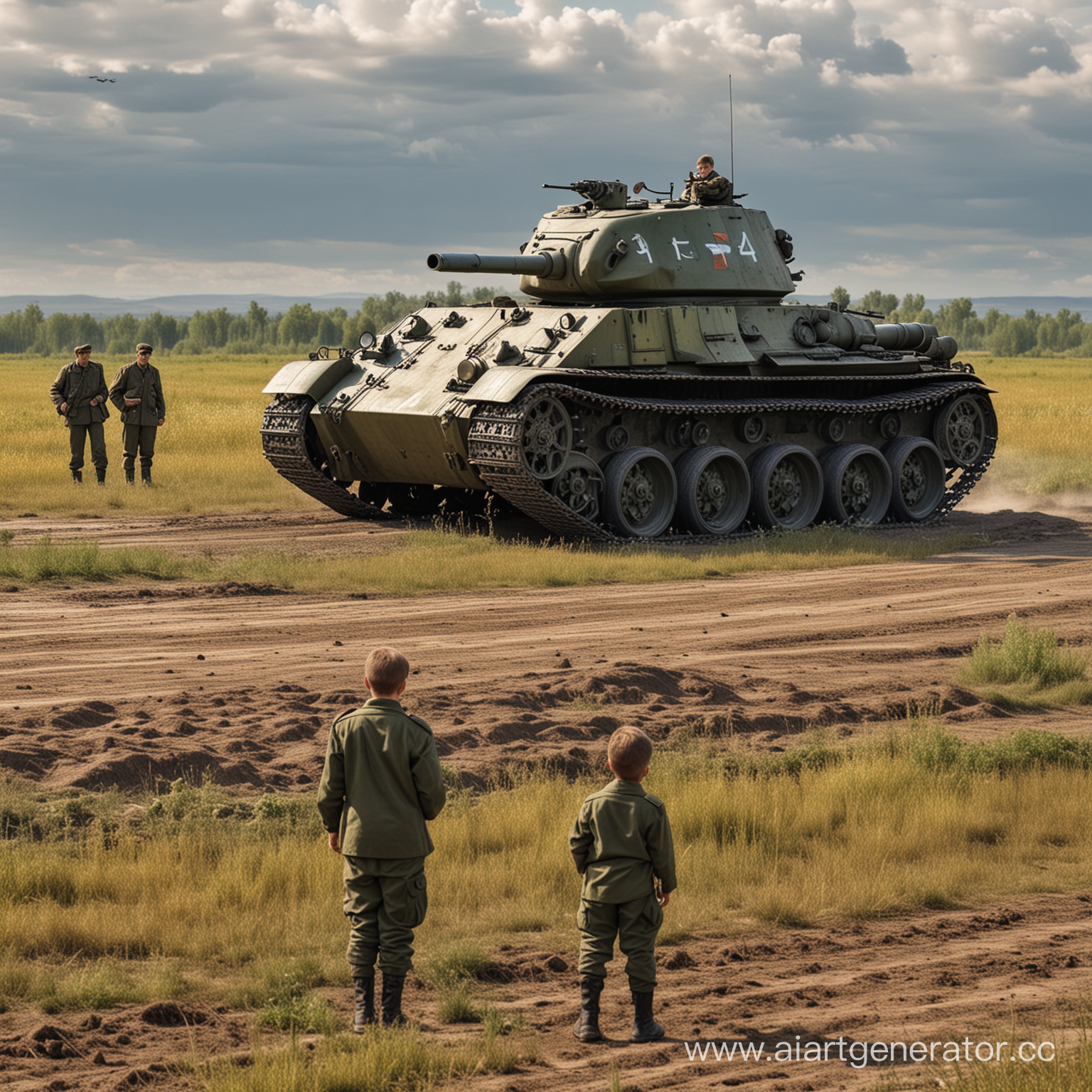 картинка на поле стоит танк Т-34 русский и рядом стоят солдаты, дети смотрят на танк, реалистичное фото