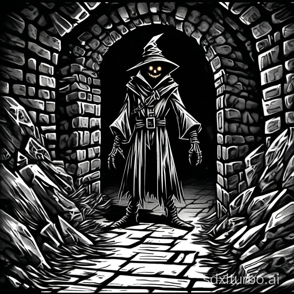 a scarecrow:warlock, lurking in a tomb tunnel, dark and evil atmosphere, marker art, 1bit bw, style of 1981 Dungeons and Dragons,