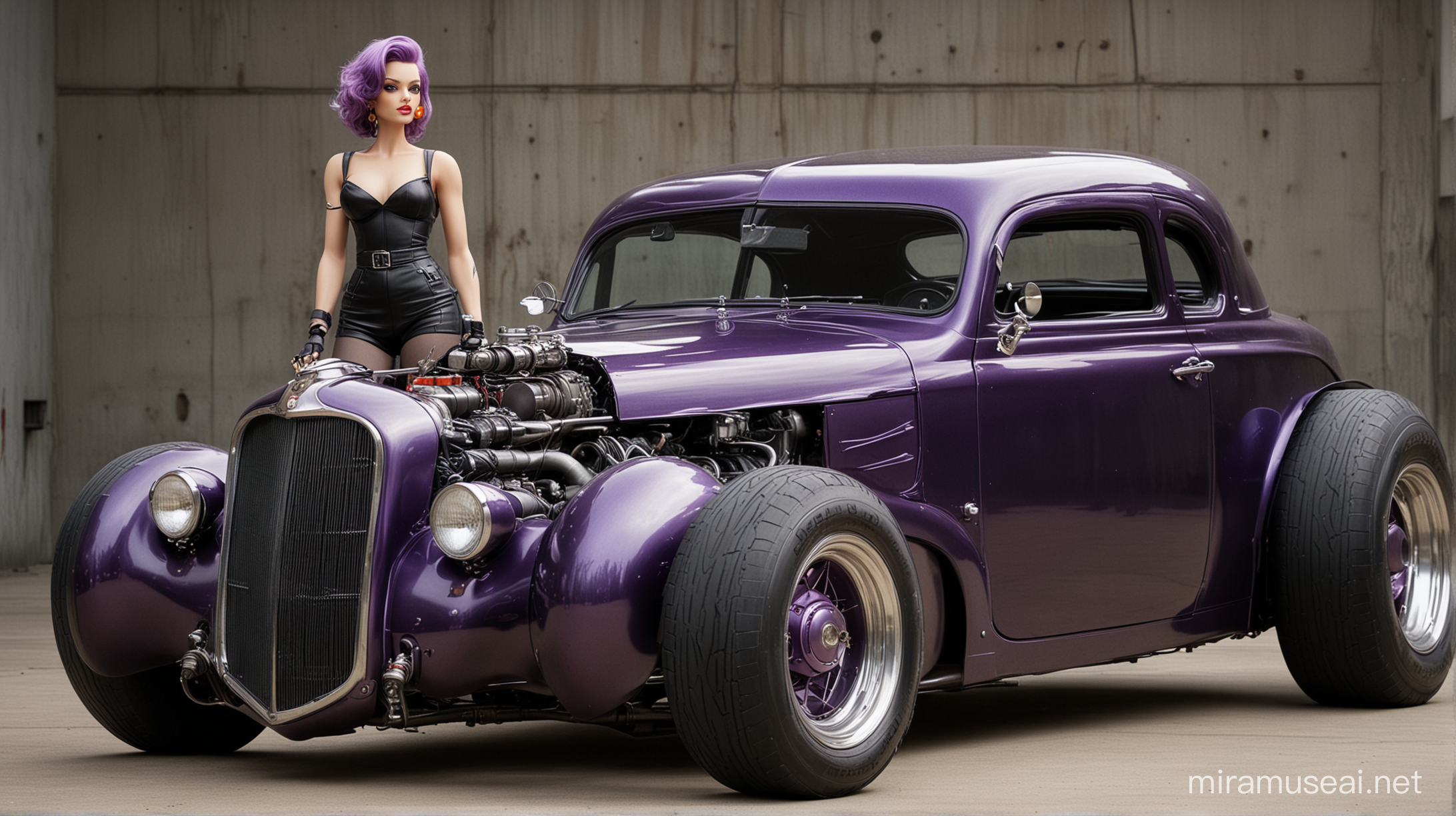 beautiful custom Rat - Rod 1950. 3 - window coupe, with black - purple pearl paint, with fat rear slicks. A super - future, brutal hybrid - mechanical porcelain, love doll. She beauty exquisite. Wearing the most beautiful silk. She stands at a distance, separated from the car. Positioned closer to the viewer. She is captured by the wide 35mm lens, creating a sense of depth. Art by Saturno Butto. *