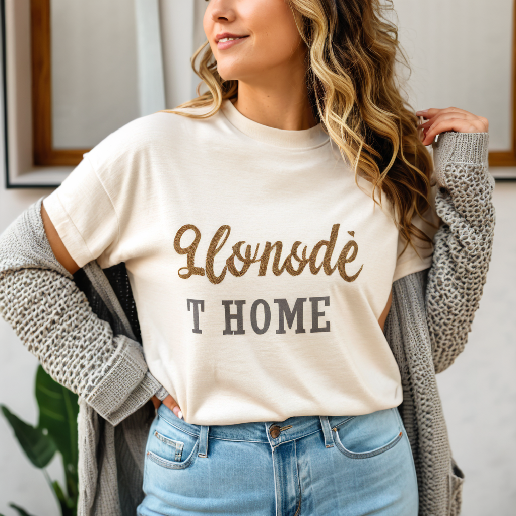 blonde curly hair woman wearing comfort colors ivory t-shirt mockup, with knitted cardigan, simple boho home background
