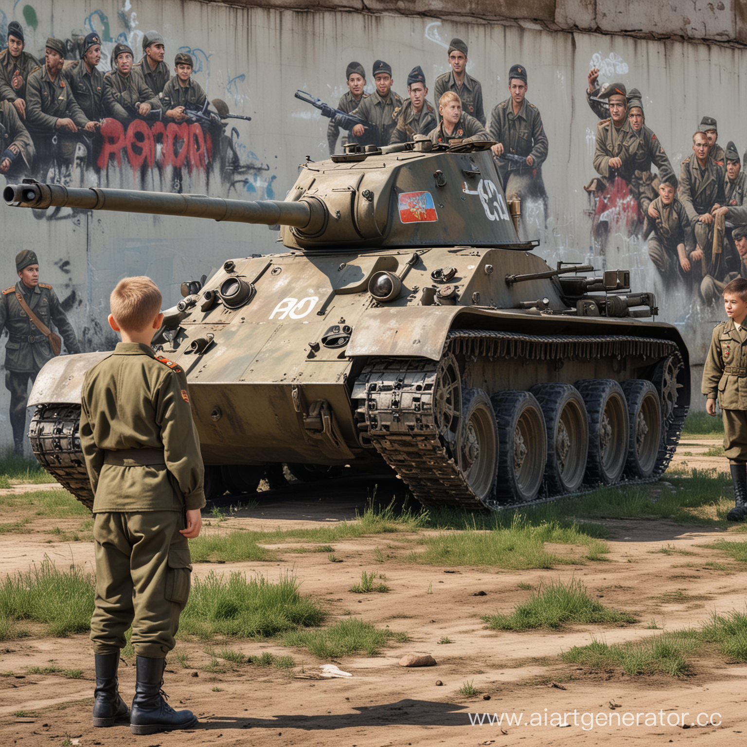 картинка на поле стоит танк Т-34 русский и рядом стоят солдаты в форме русской, дети в обычной одежде смотрят на танк, экскурсия, реалистичное фото, граффити