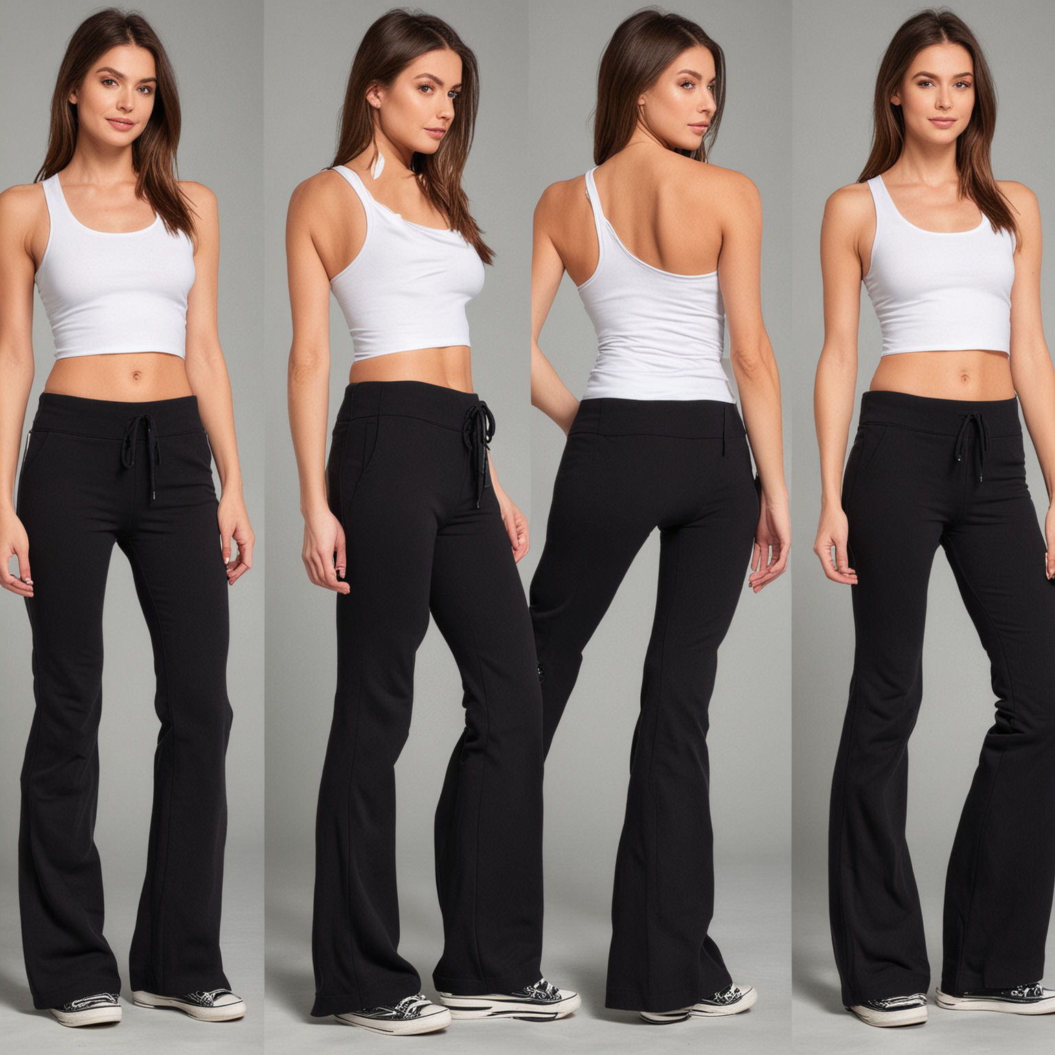 Generate image of a slim women wearing black cotton flare track pants from 4 angles
