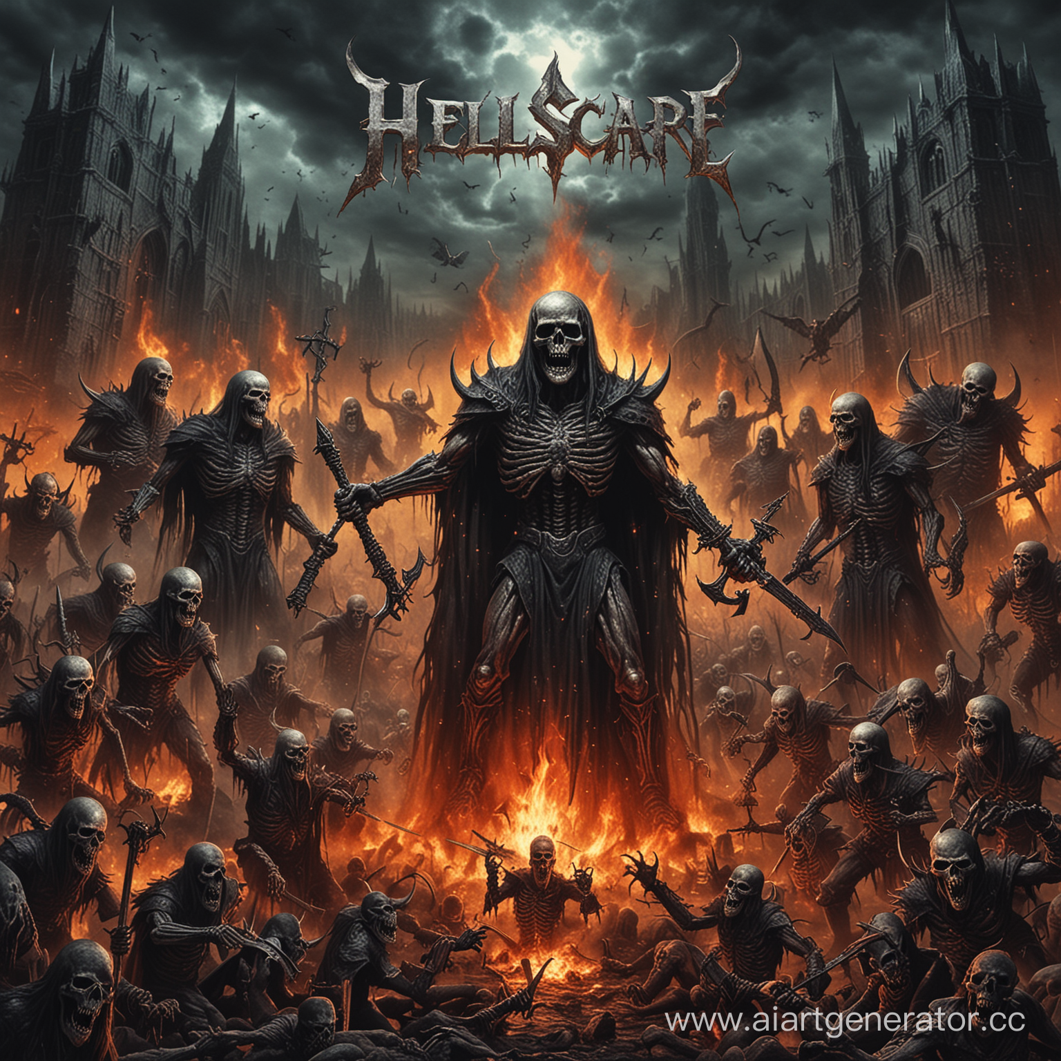 hellscape, metal album cover, hell, demons, skeletons, skulls, fire 