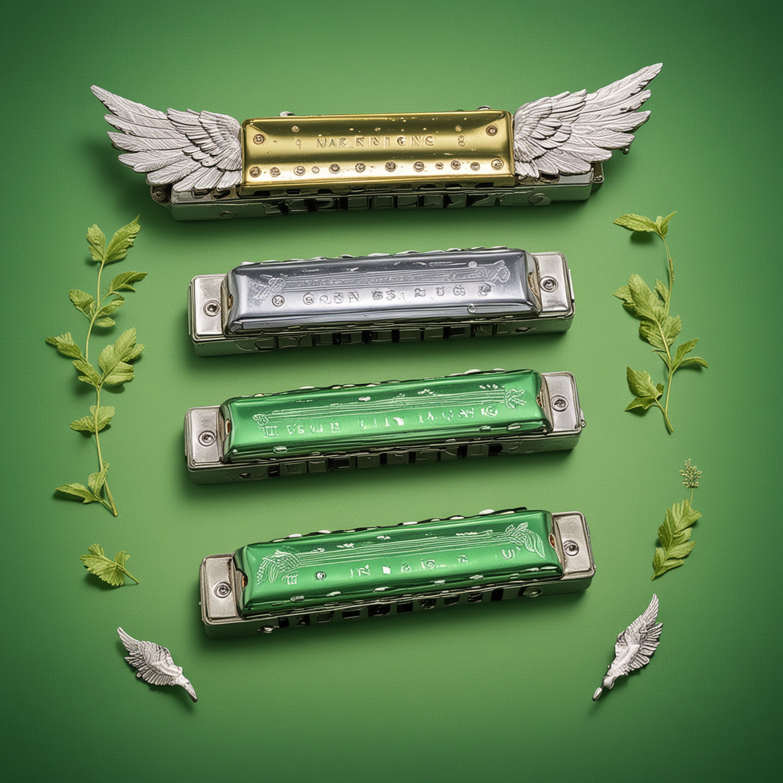Harmonicas with Wings Flying in Verdant Landscape