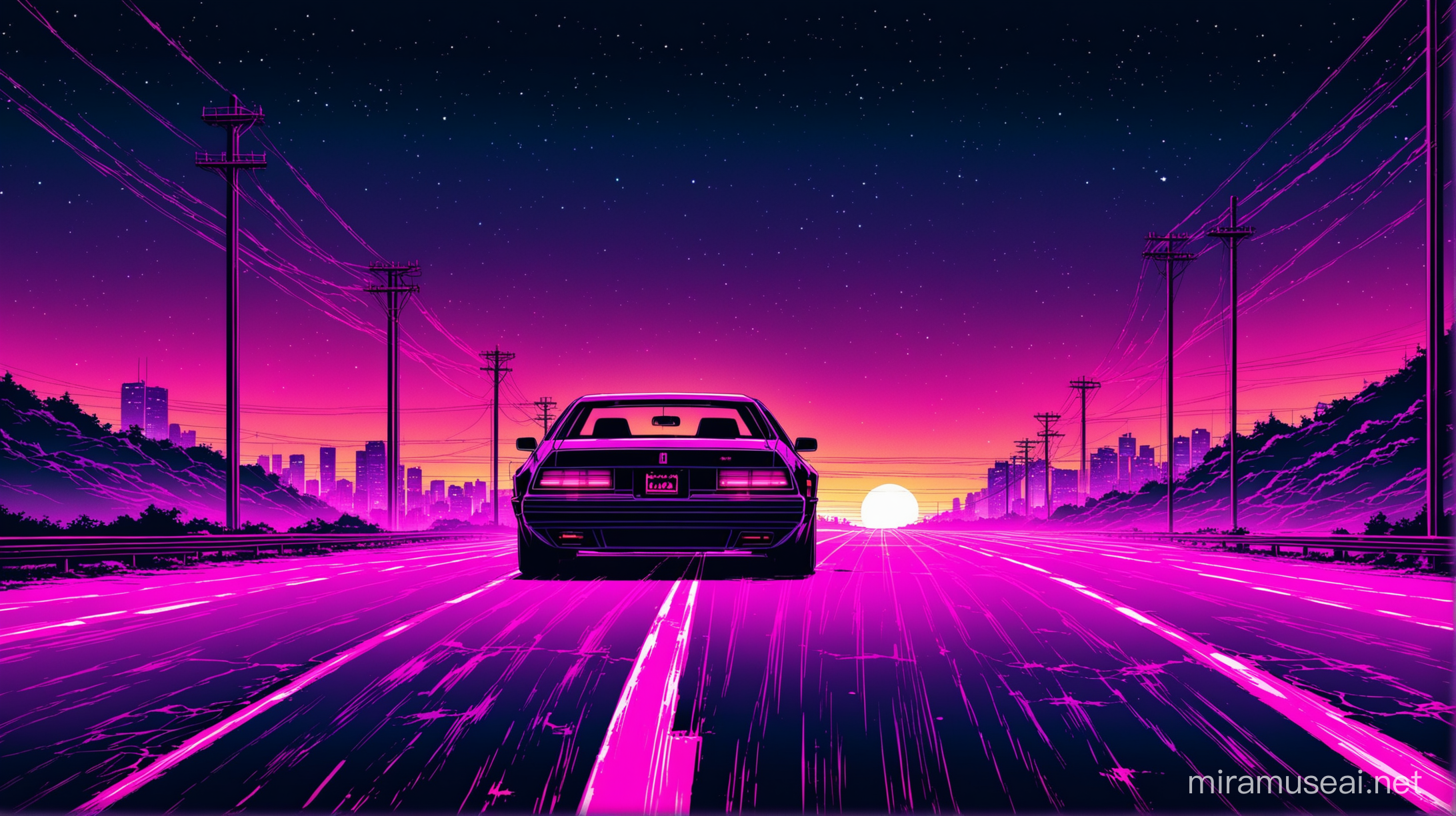 Synthwave Car Driving Through an Abandoned City at Night