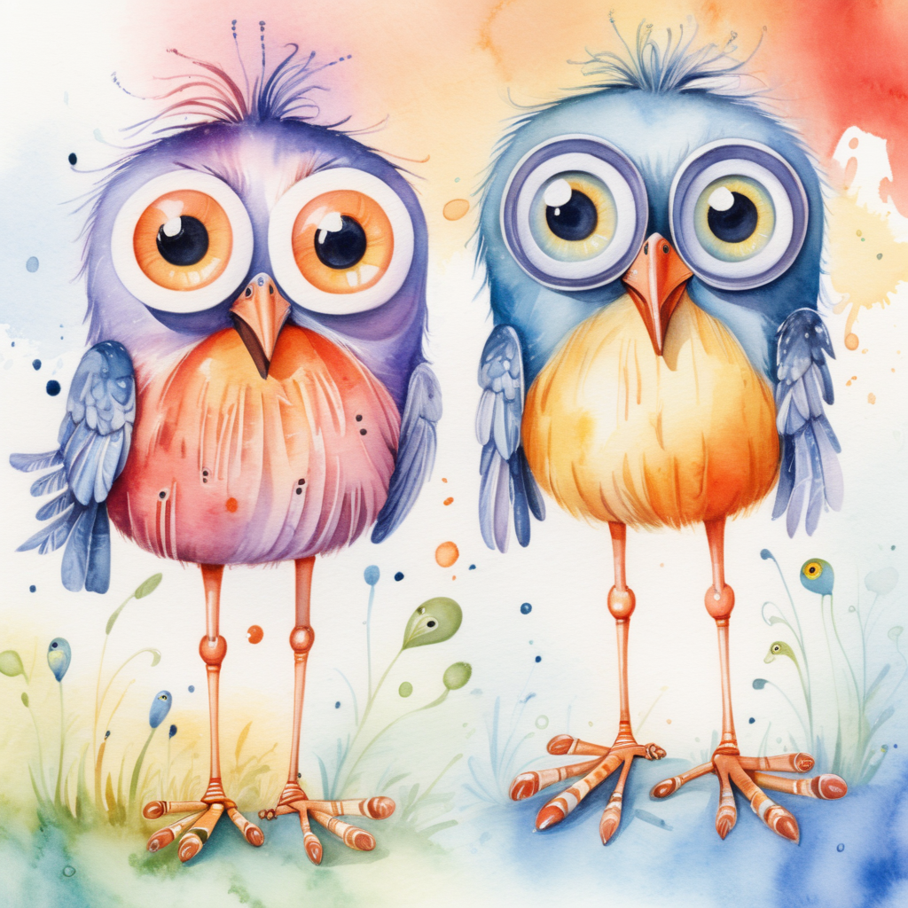Whimsical Watercolor Illustration of Playful LongLegged Birds with Big Eyes
